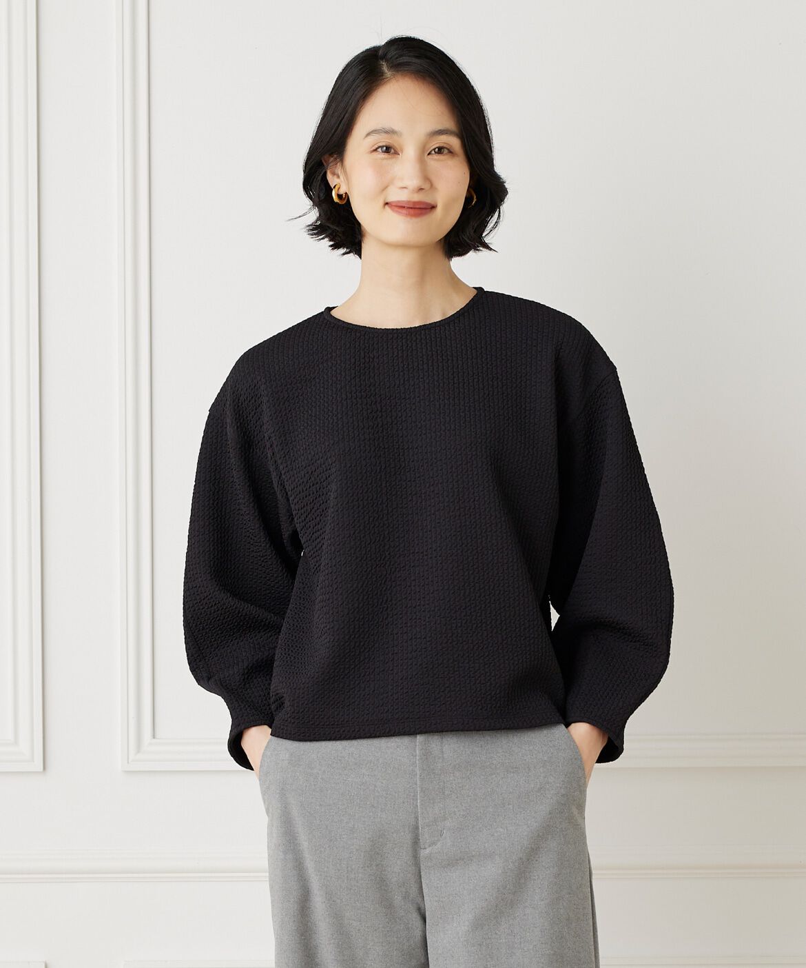 7-IDconcept.「バルーンスリーブワッフルカットソー」|Tシャツ・カットソー|ブラック