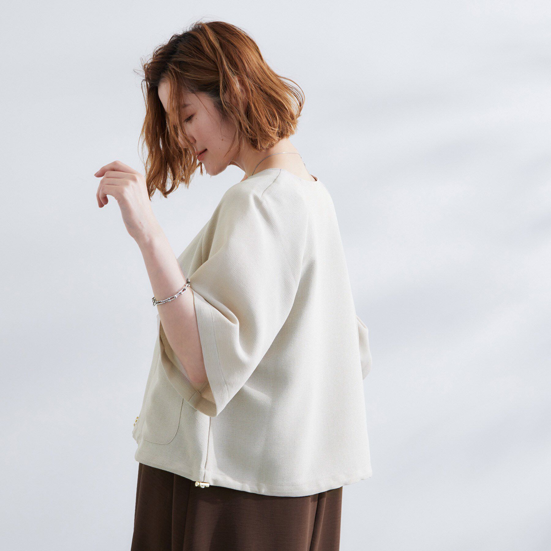 grove「透け感と立体感で魅せる、大人の夏のメッシュワイドスリーブジャケット」|ノーカラージャケット|