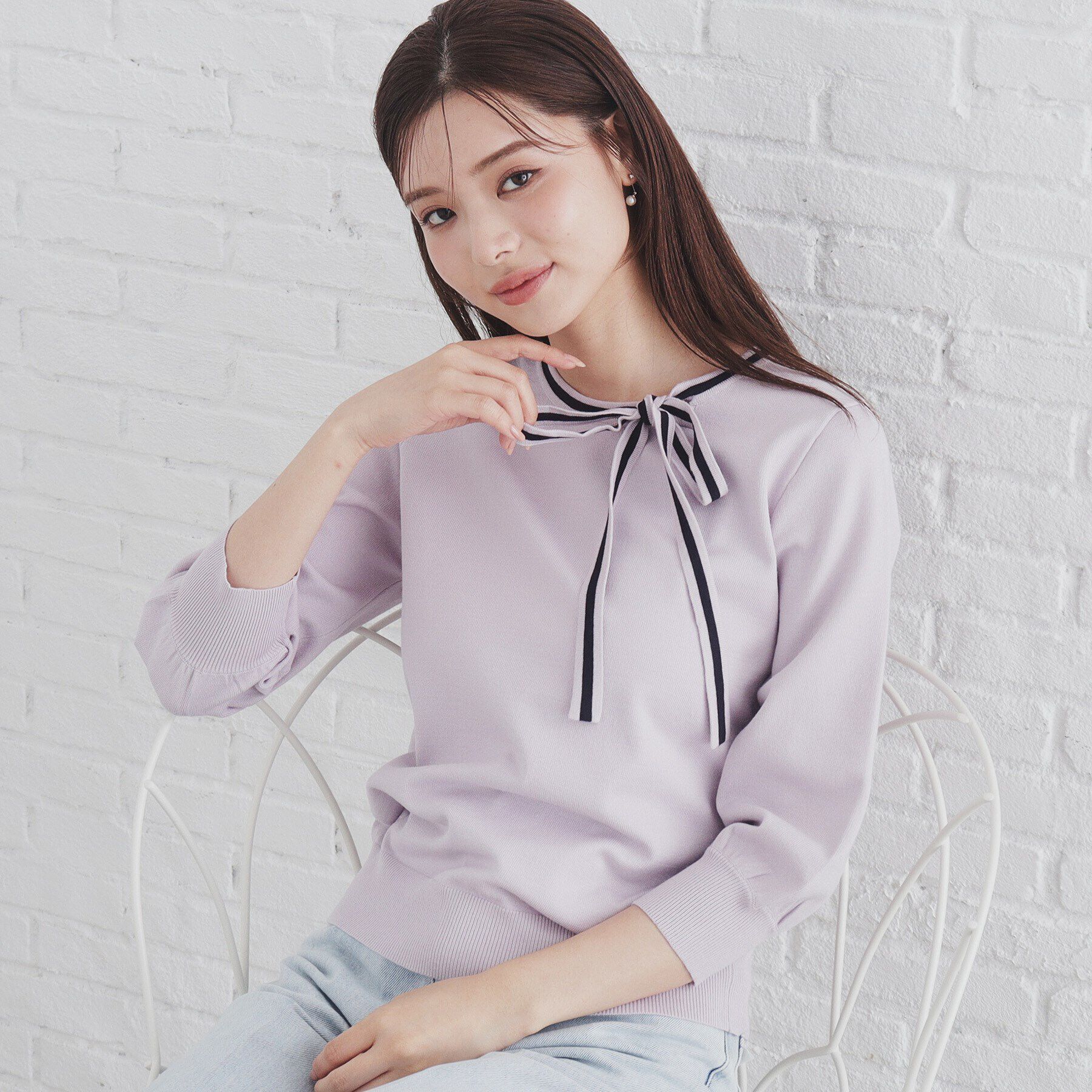 index「バイカラーボウタイプルニット【洗濯機洗い可】」|ニット・セーター|ラベンダー(080)