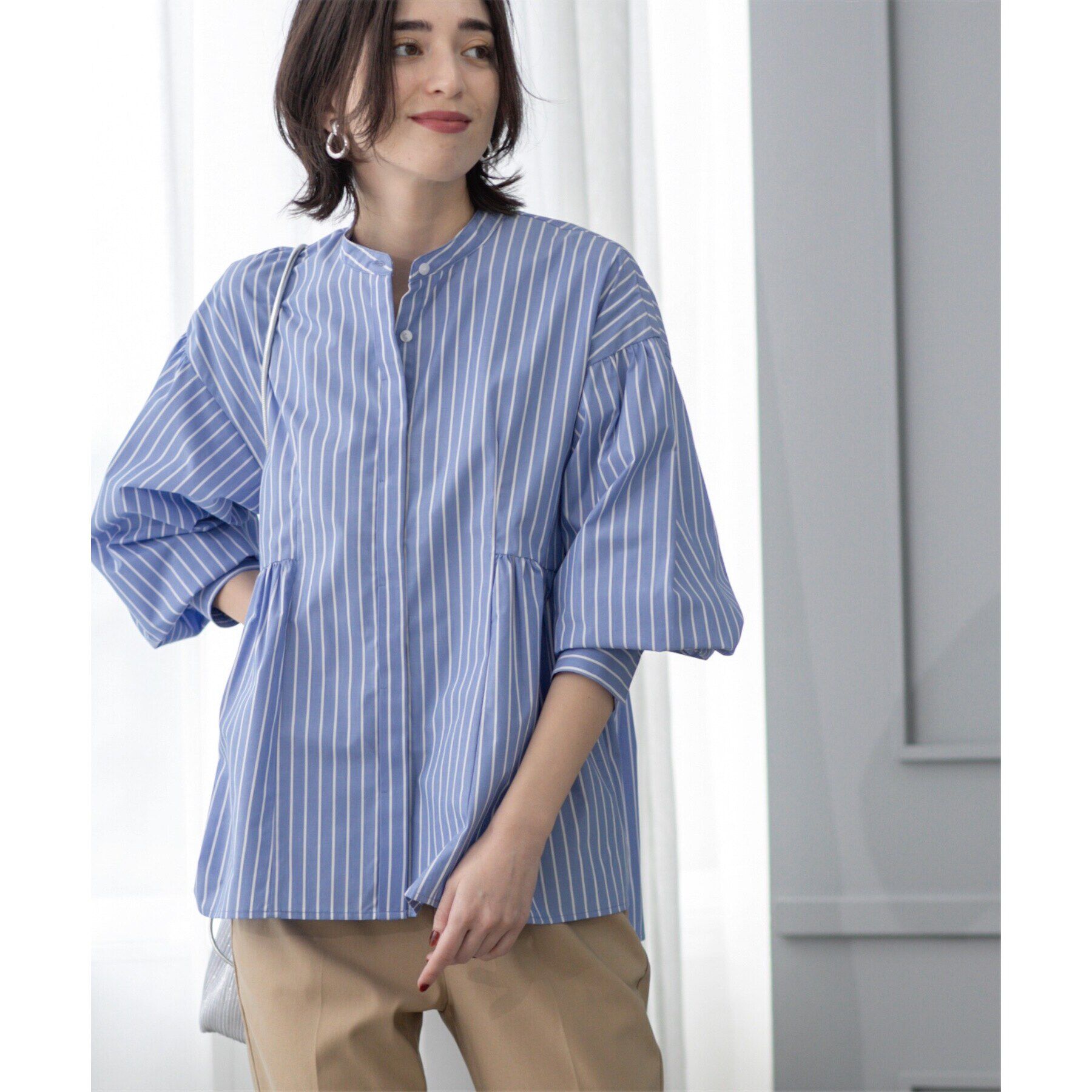 OPAQUE.CLIP「バンドカラーペプラムシャツ【洗濯機洗い可】」|シャツ・ブラウス|ブルー(391)