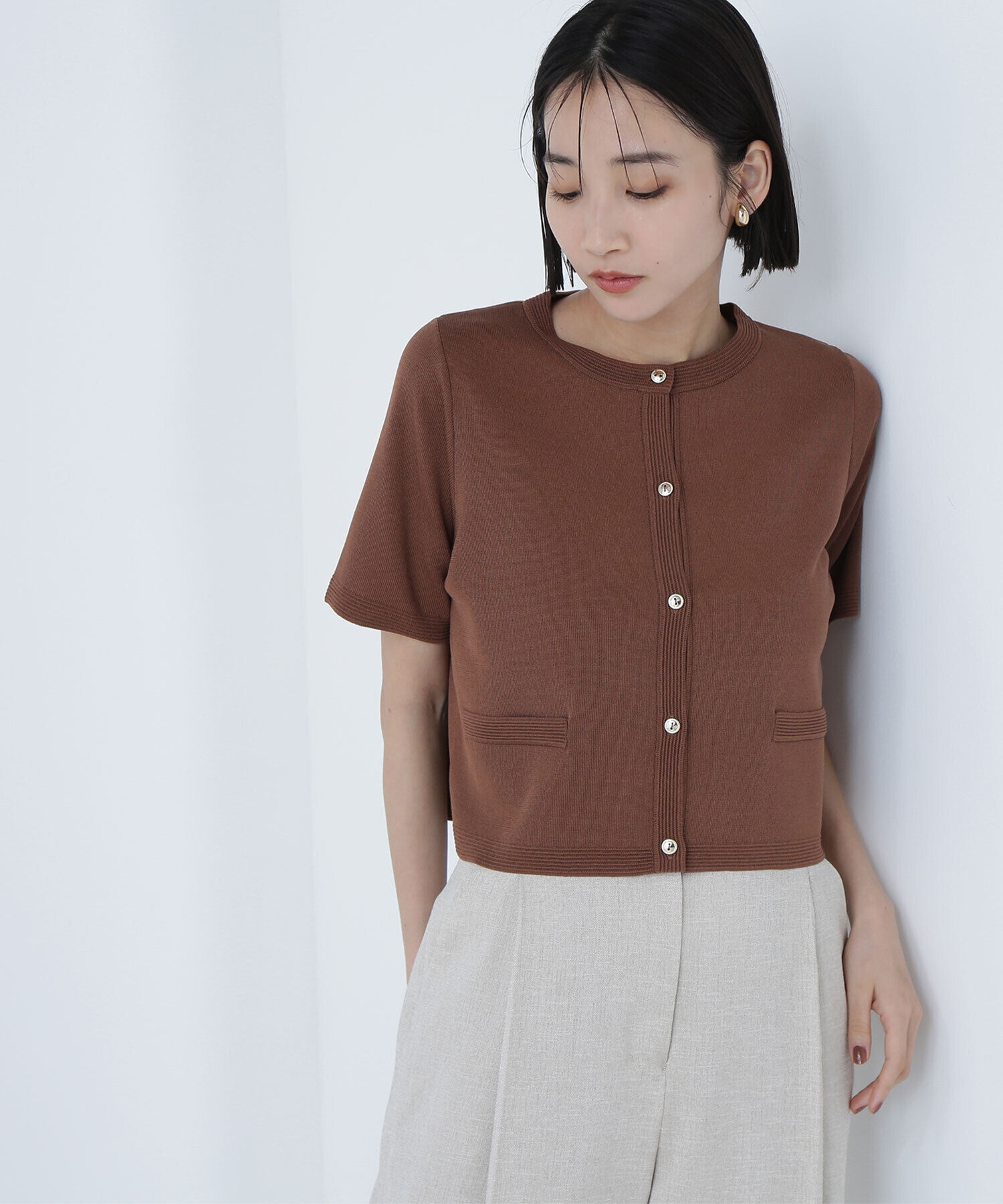  「シルクブレンドカーディガン半袖」|ニット・セーター|ブラウン