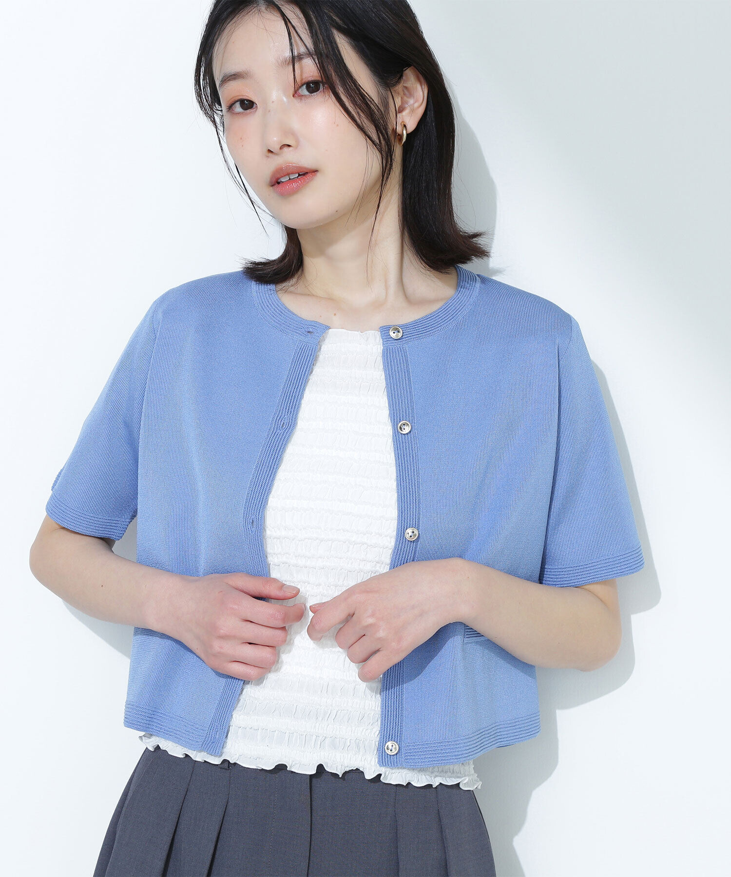  「シルクブレンドカーディガン半袖」|ニット・セーター|ブルー