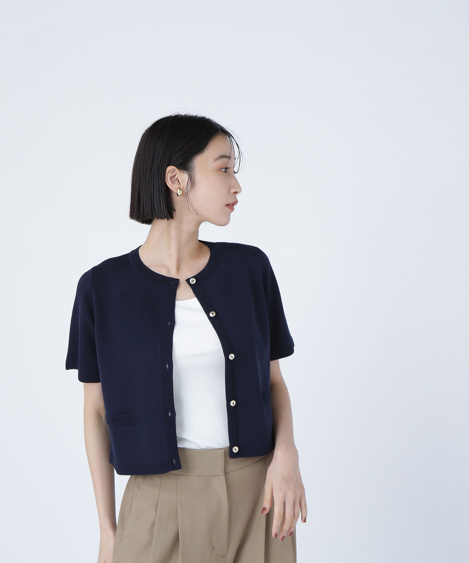  「シルクブレンドカーディガン半袖」|ニット・セーター|ネイビー