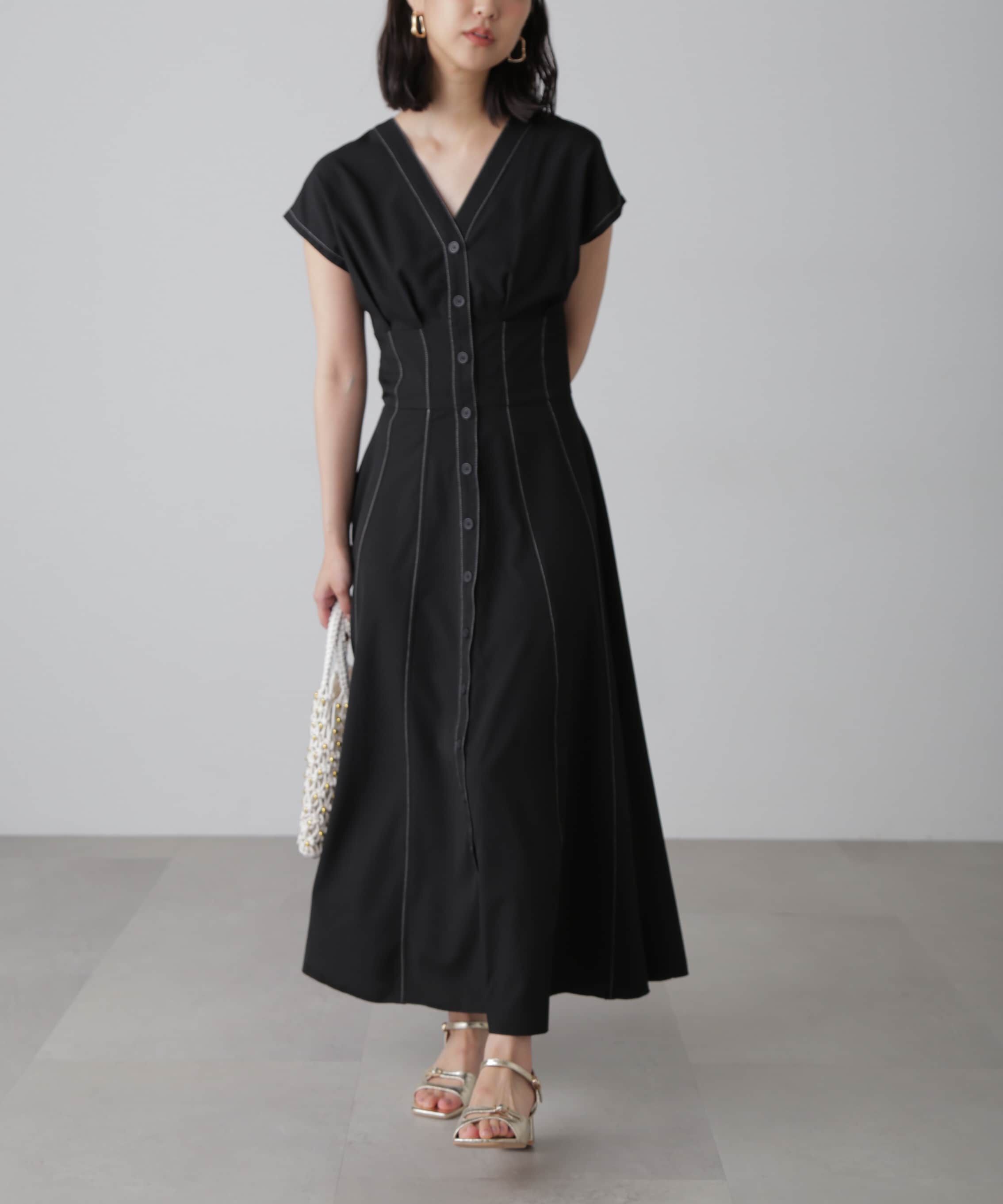  「ウエストシェイプ配色ステッチワンピース」|ワンピース|