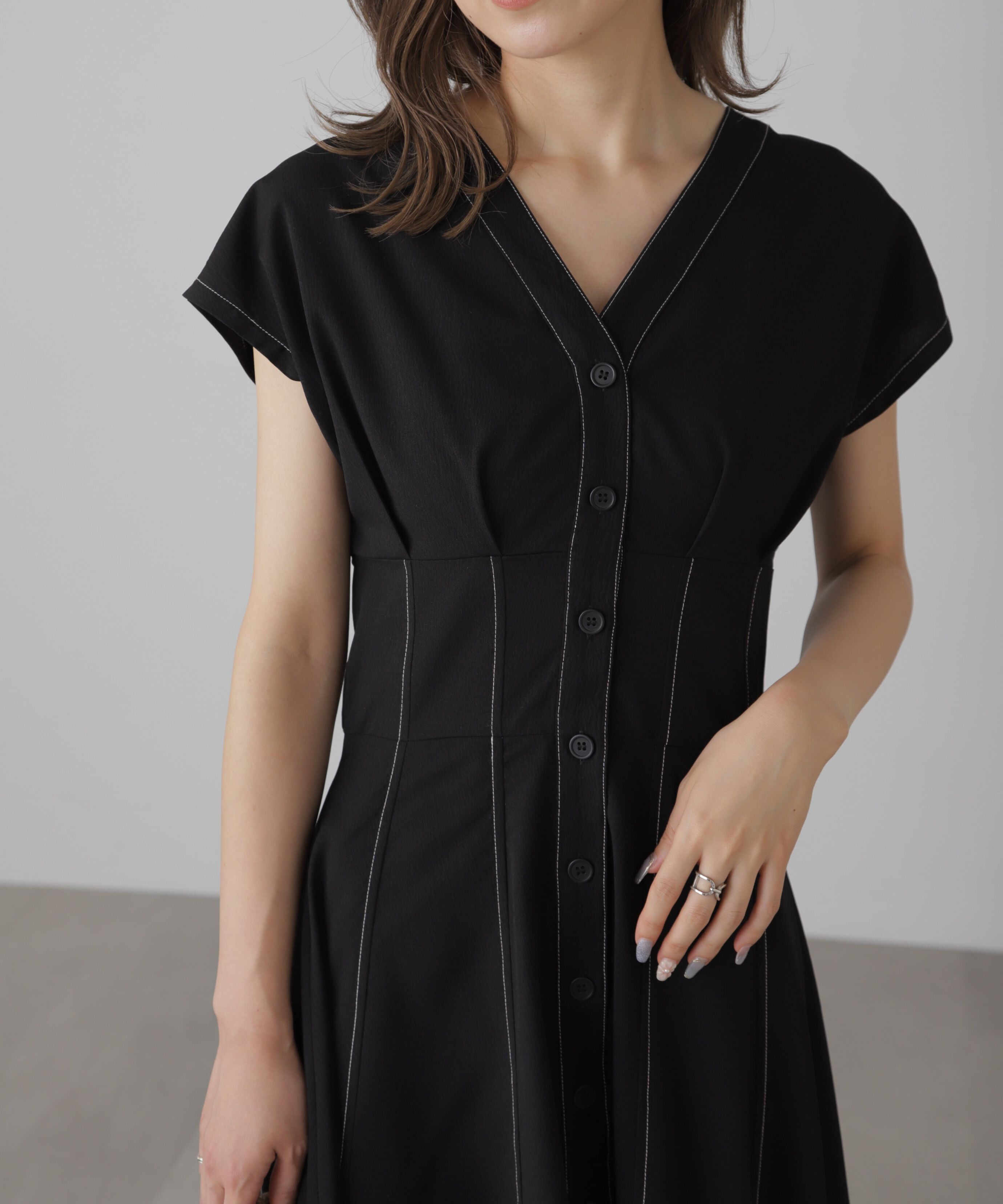  「ウエストシェイプ配色ステッチワンピース」|ワンピース|