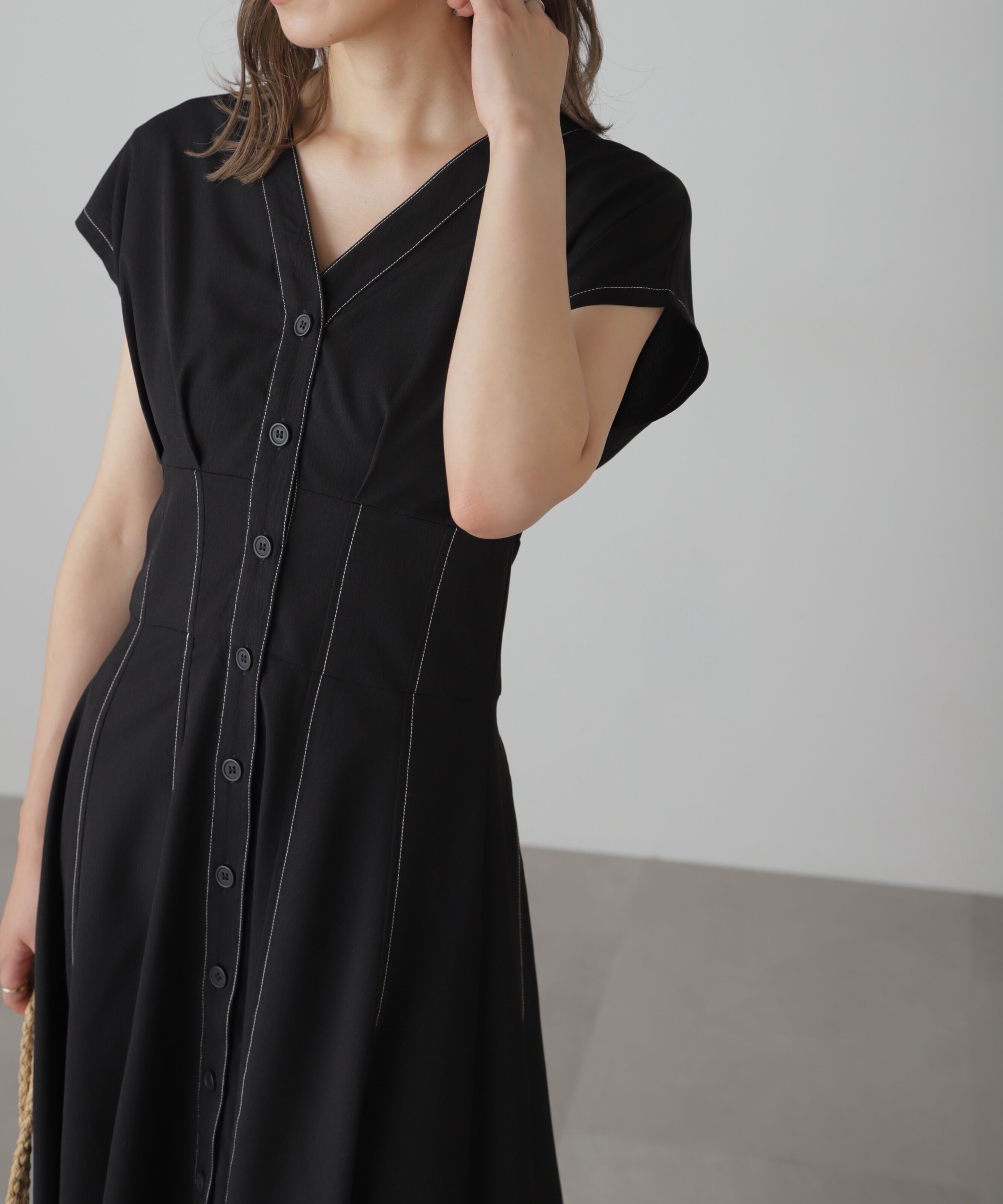  「ウエストシェイプ配色ステッチワンピース」|ワンピース|