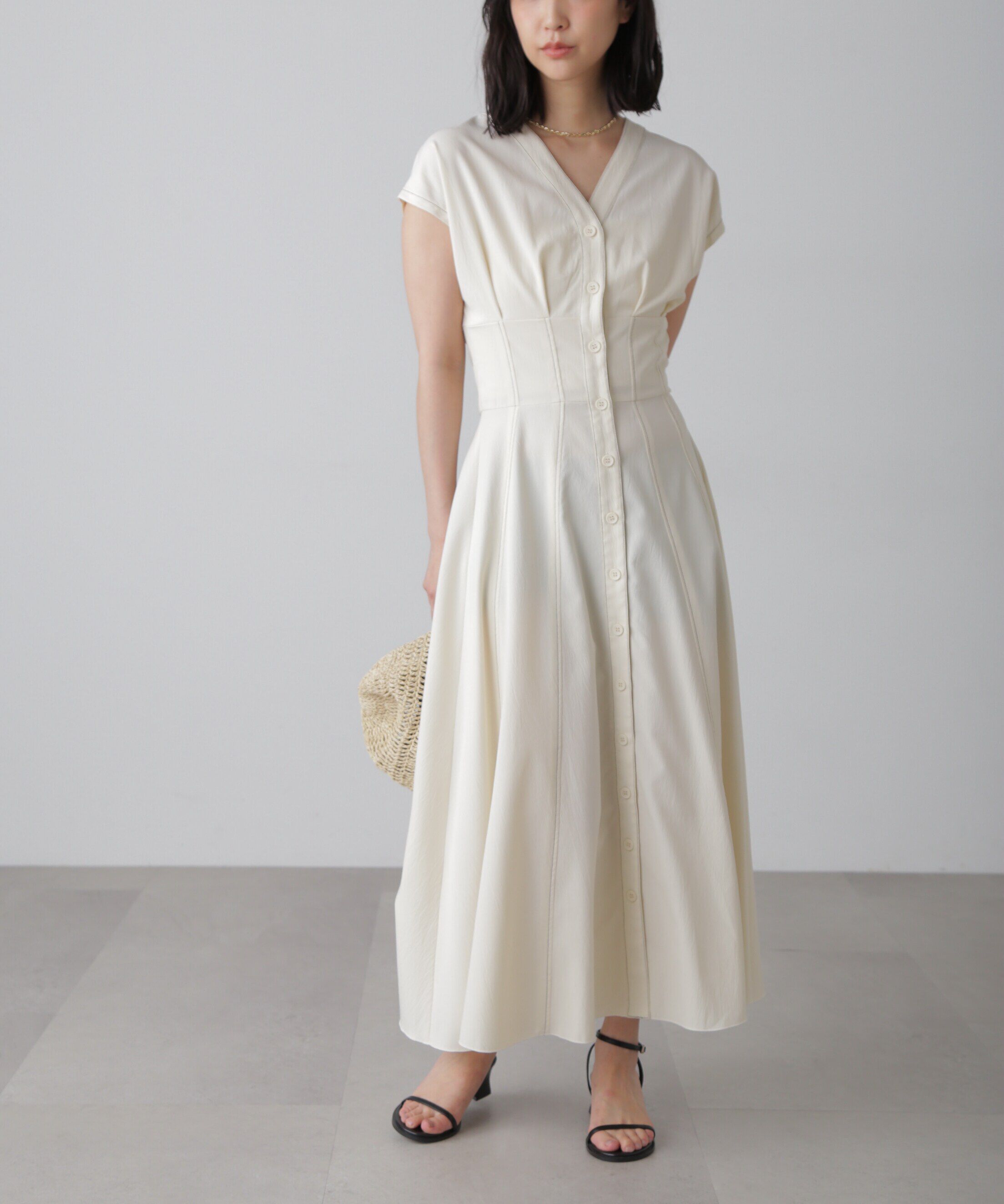  「ウエストシェイプ配色ステッチワンピース」|ワンピース|