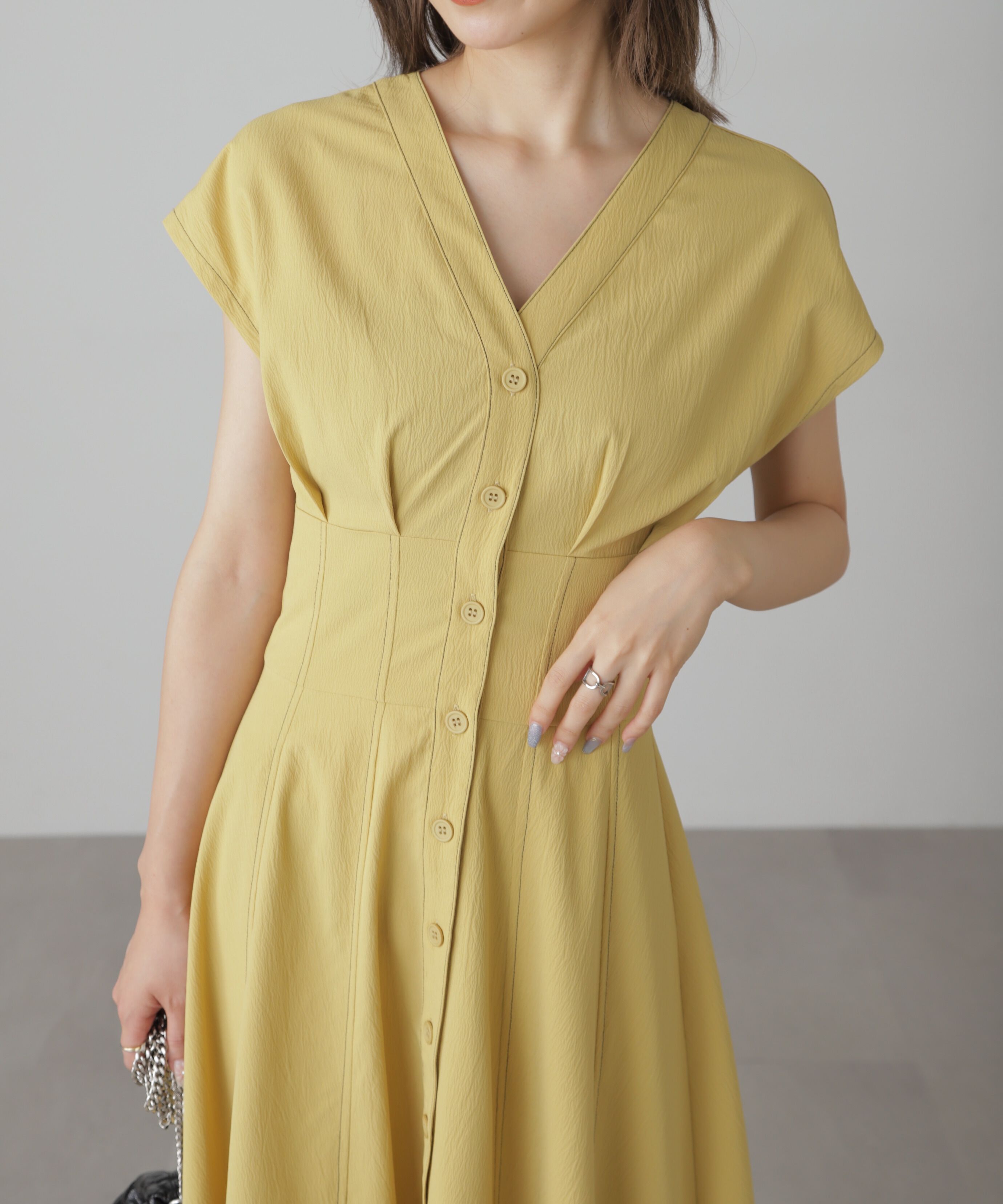  「ウエストシェイプ配色ステッチワンピース」|ワンピース|