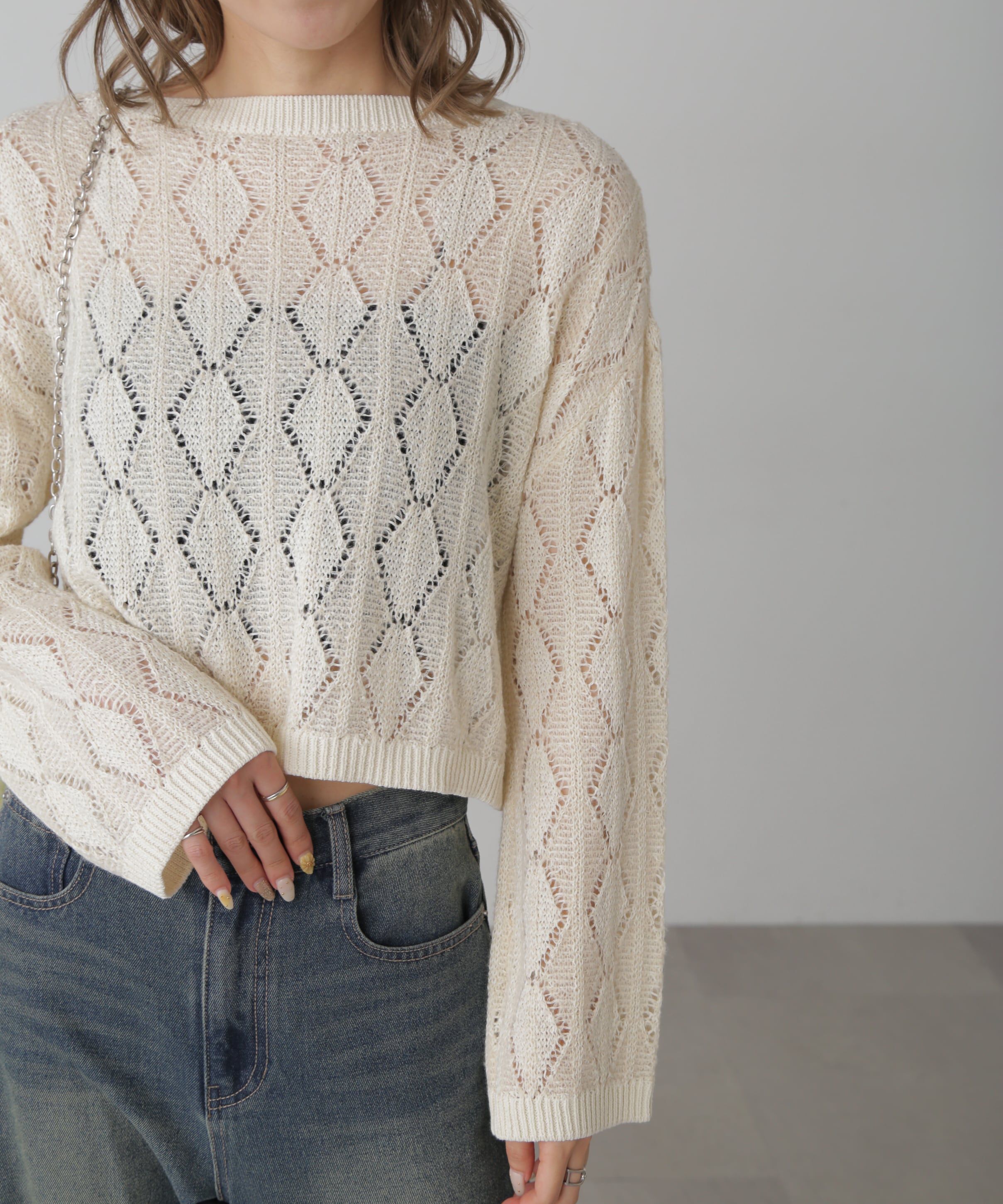  「ダイヤ柄透かし編みニット」|ニット・セーター|