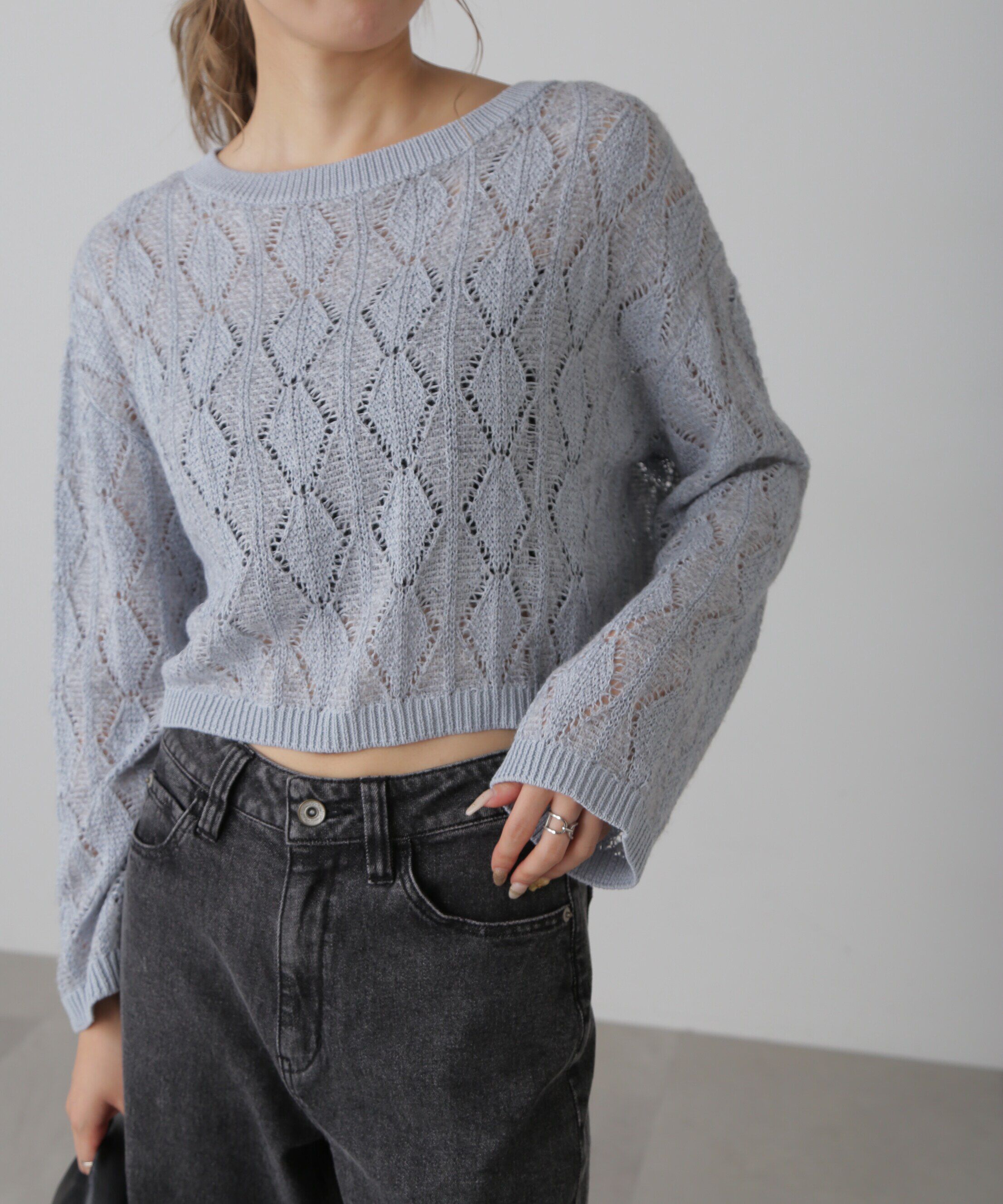  「ダイヤ柄透かし編みニット」|ニット・セーター|ライトブルー