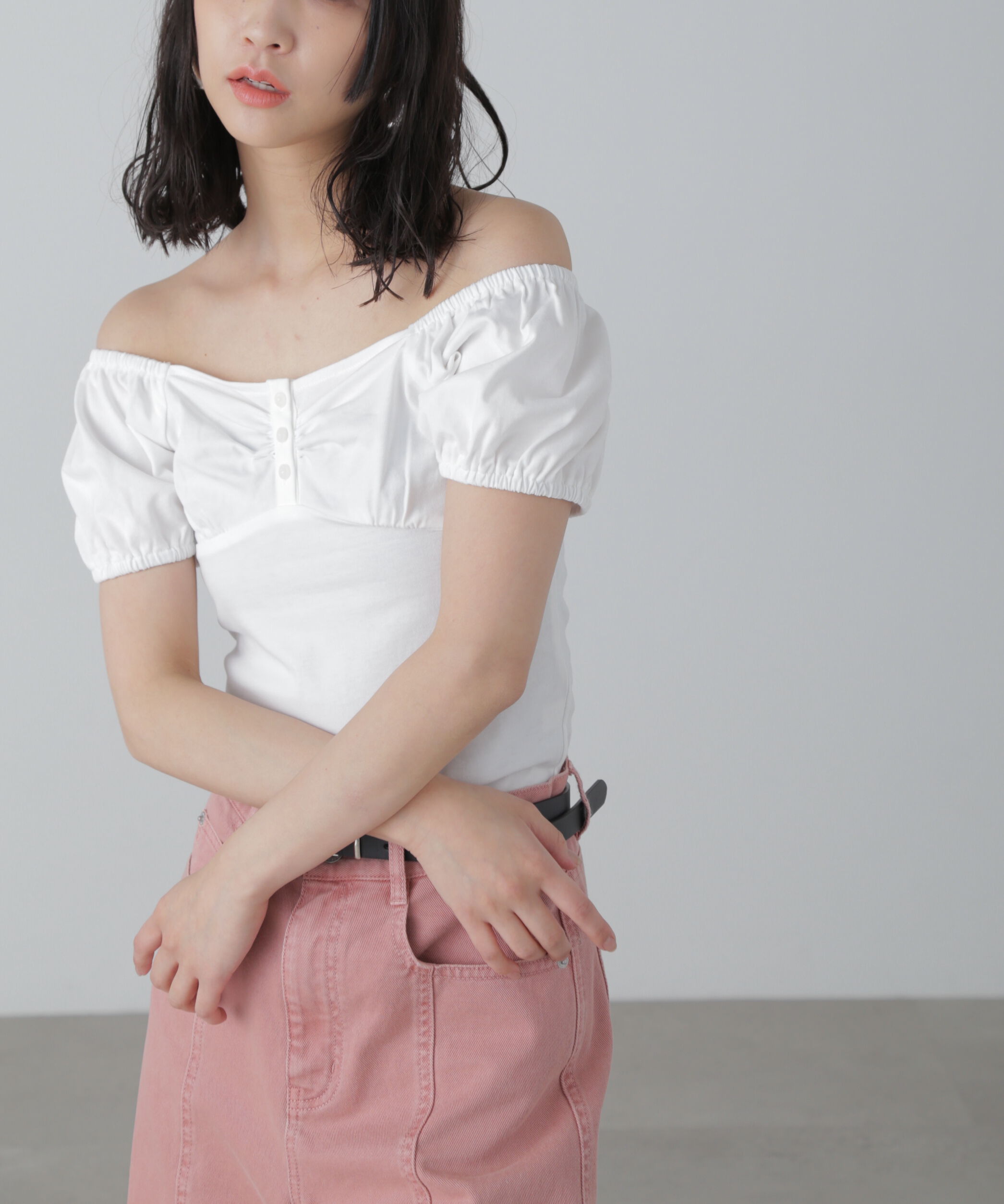  「オフショルギャザーカットソー」|Tシャツ・カットソー|