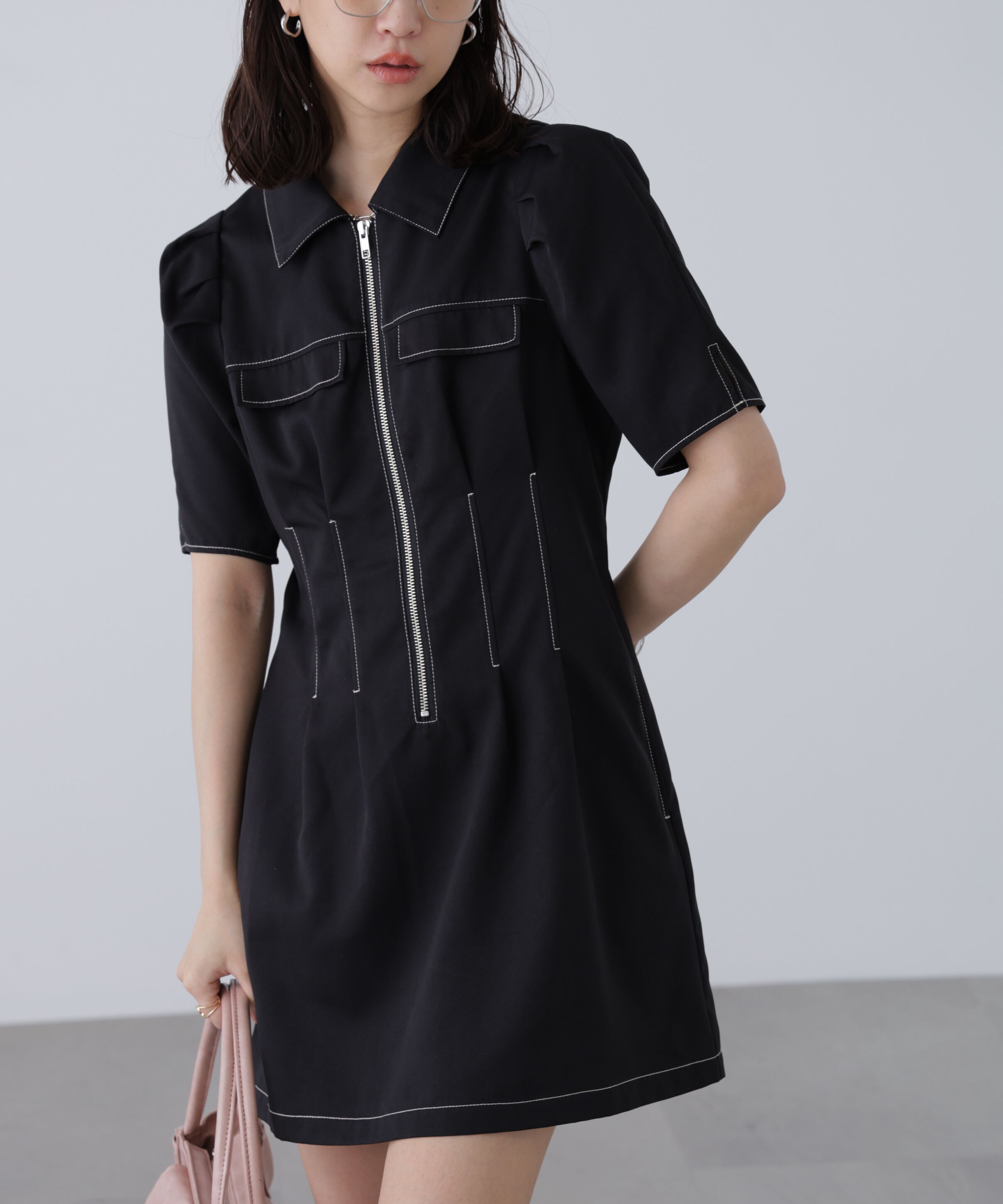  「配色ステッチジップミニワンピース」|ワンピース|