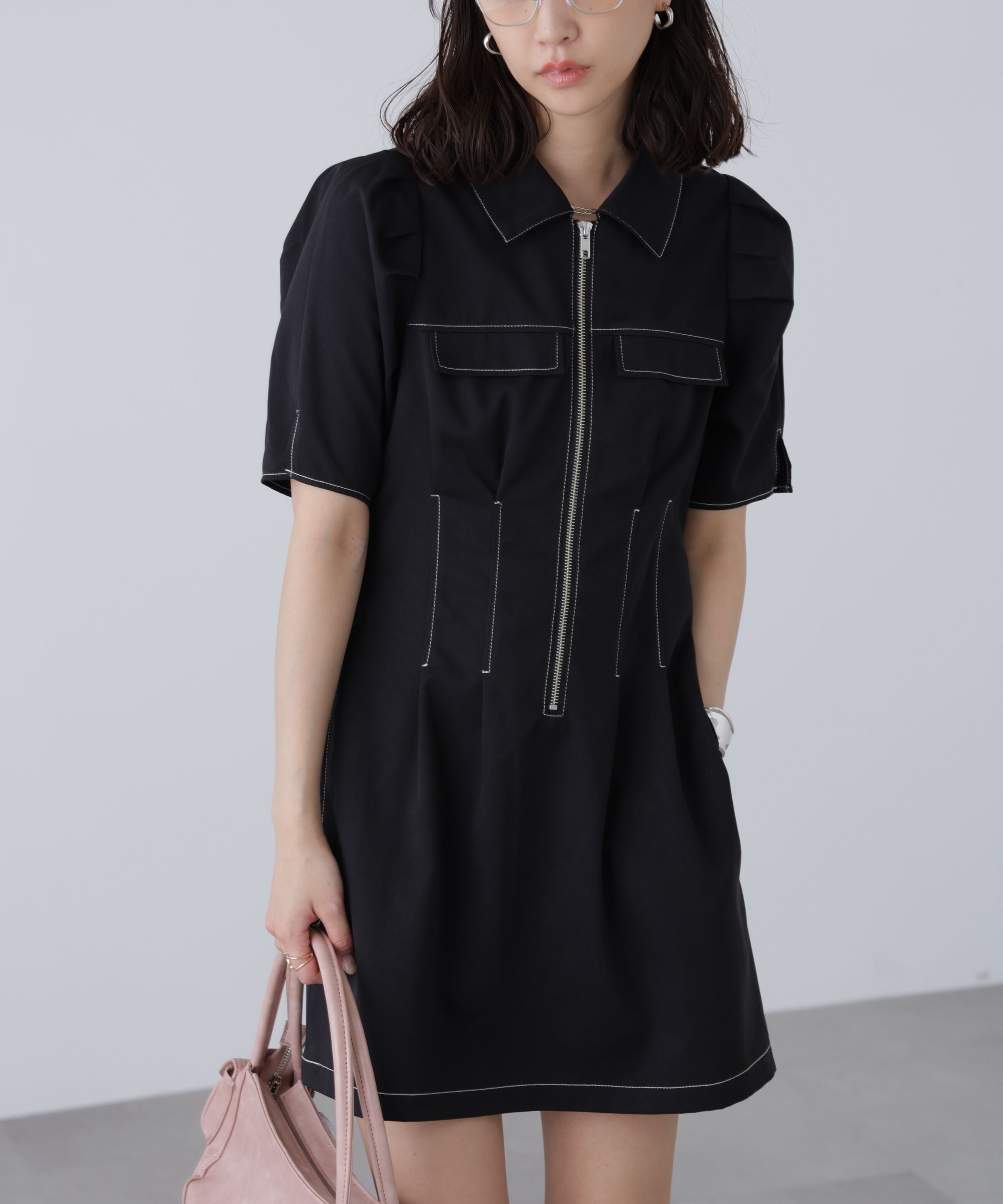  「配色ステッチジップミニワンピース」|ワンピース|