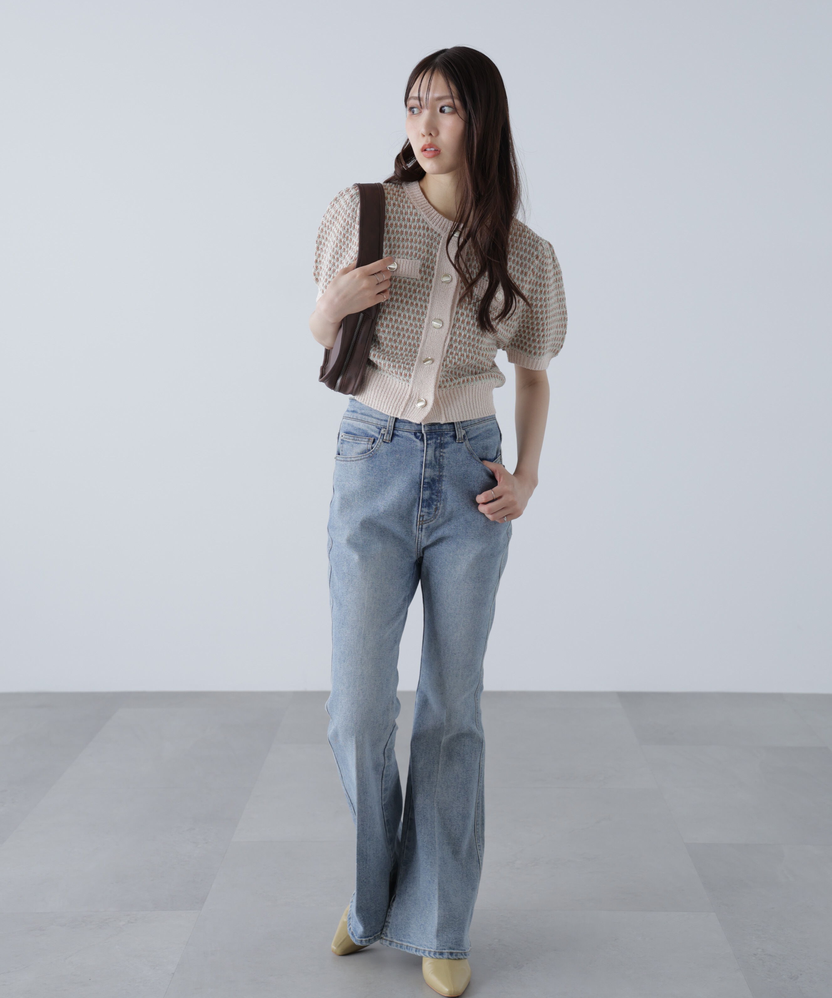  「金ボタンツイード半袖ニットカーディガン」|ニット・セーター|