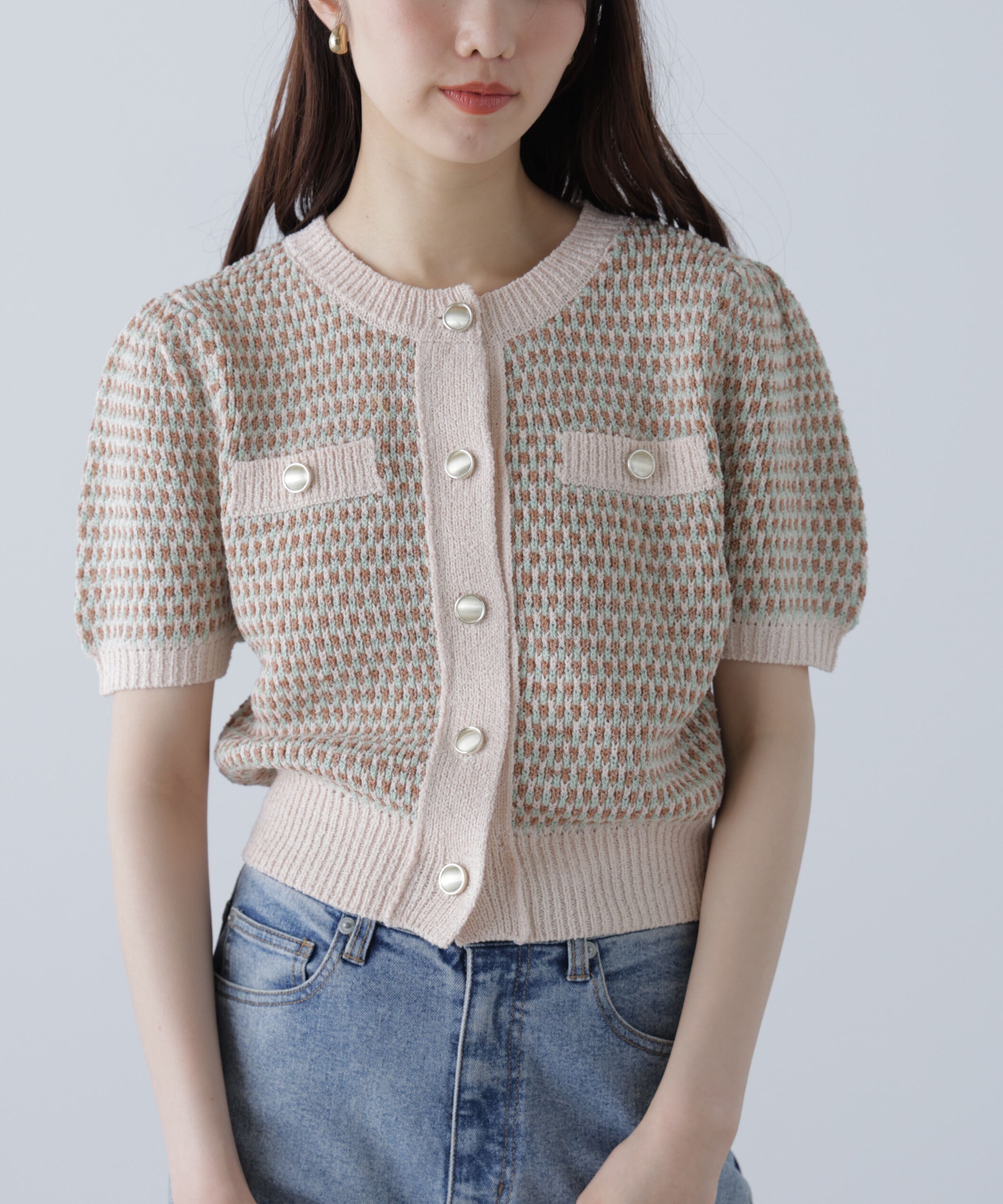  「金ボタンツイード半袖ニットカーディガン」|ニット・セーター|