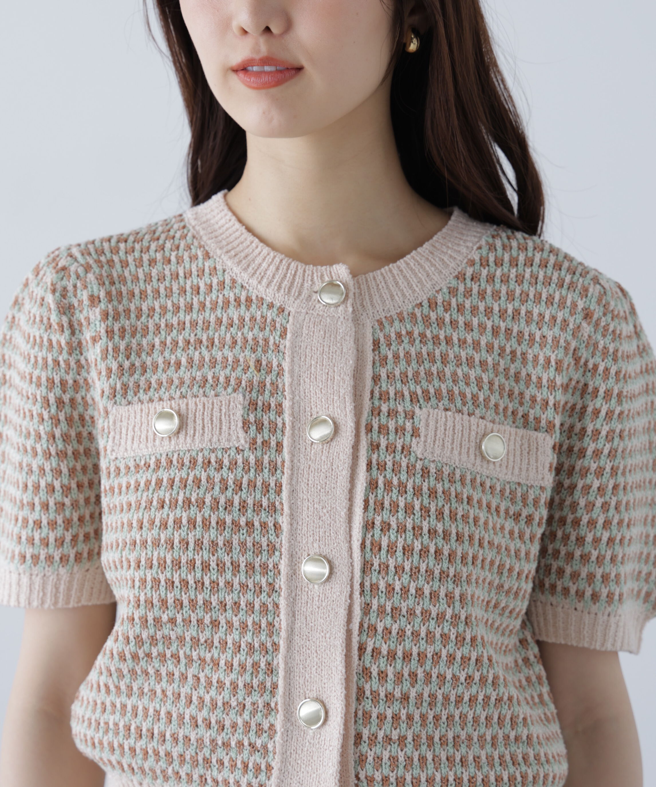  「金ボタンツイード半袖ニットカーディガン」|ニット・セーター|