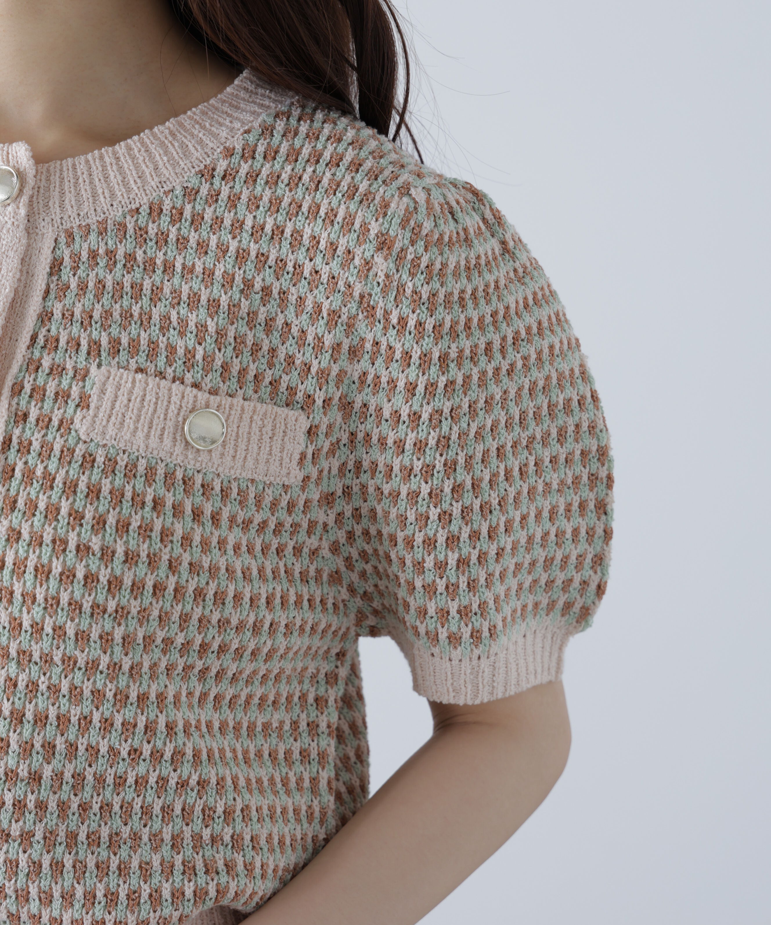  「金ボタンツイード半袖ニットカーディガン」|ニット・セーター|