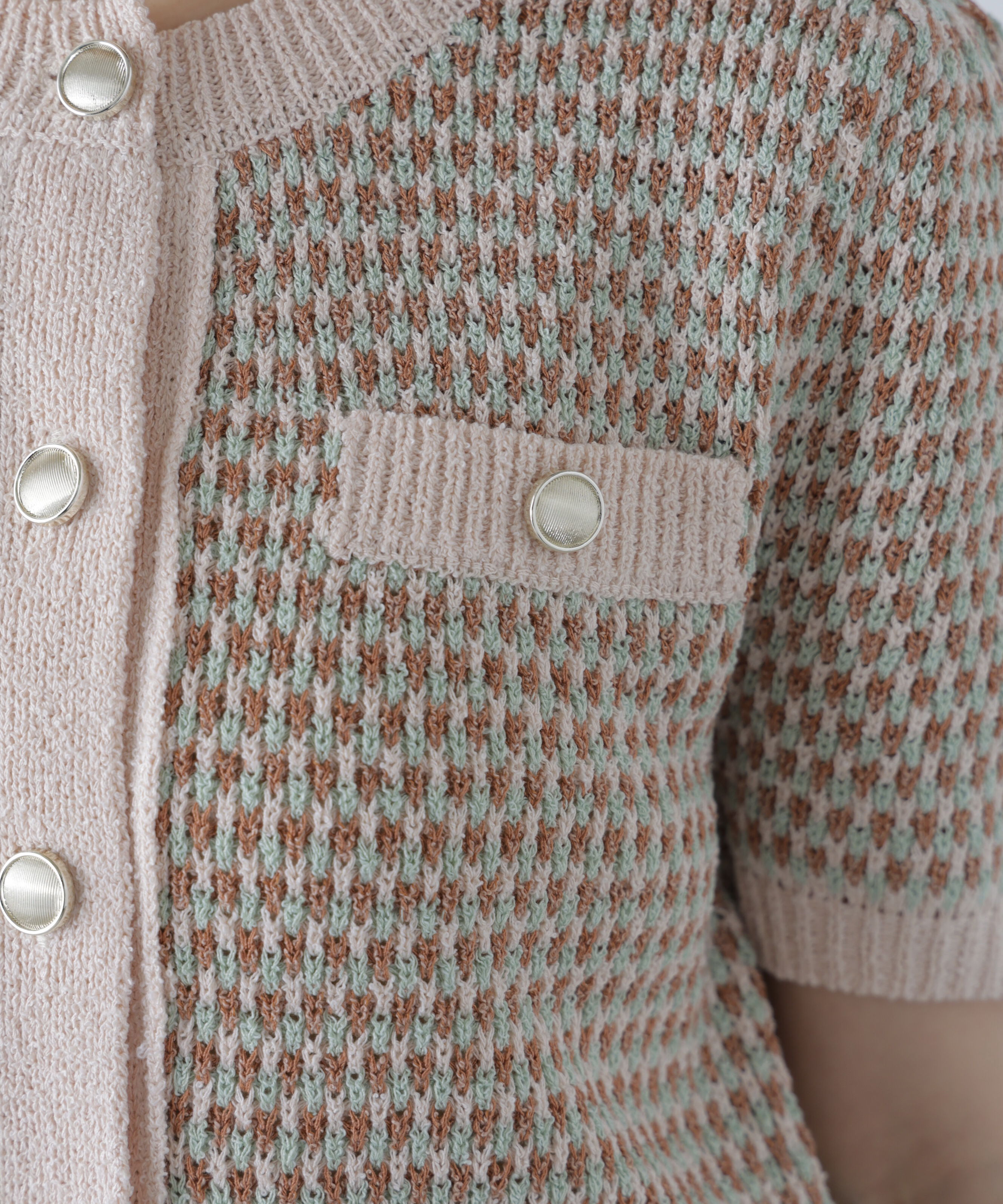  「金ボタンツイード半袖ニットカーディガン」|ニット・セーター|