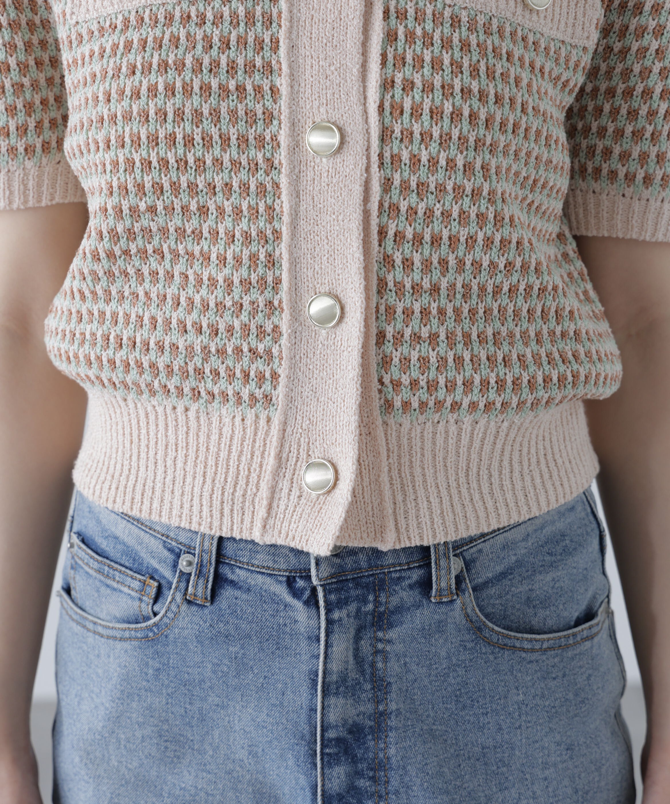  「金ボタンツイード半袖ニットカーディガン」|ニット・セーター|