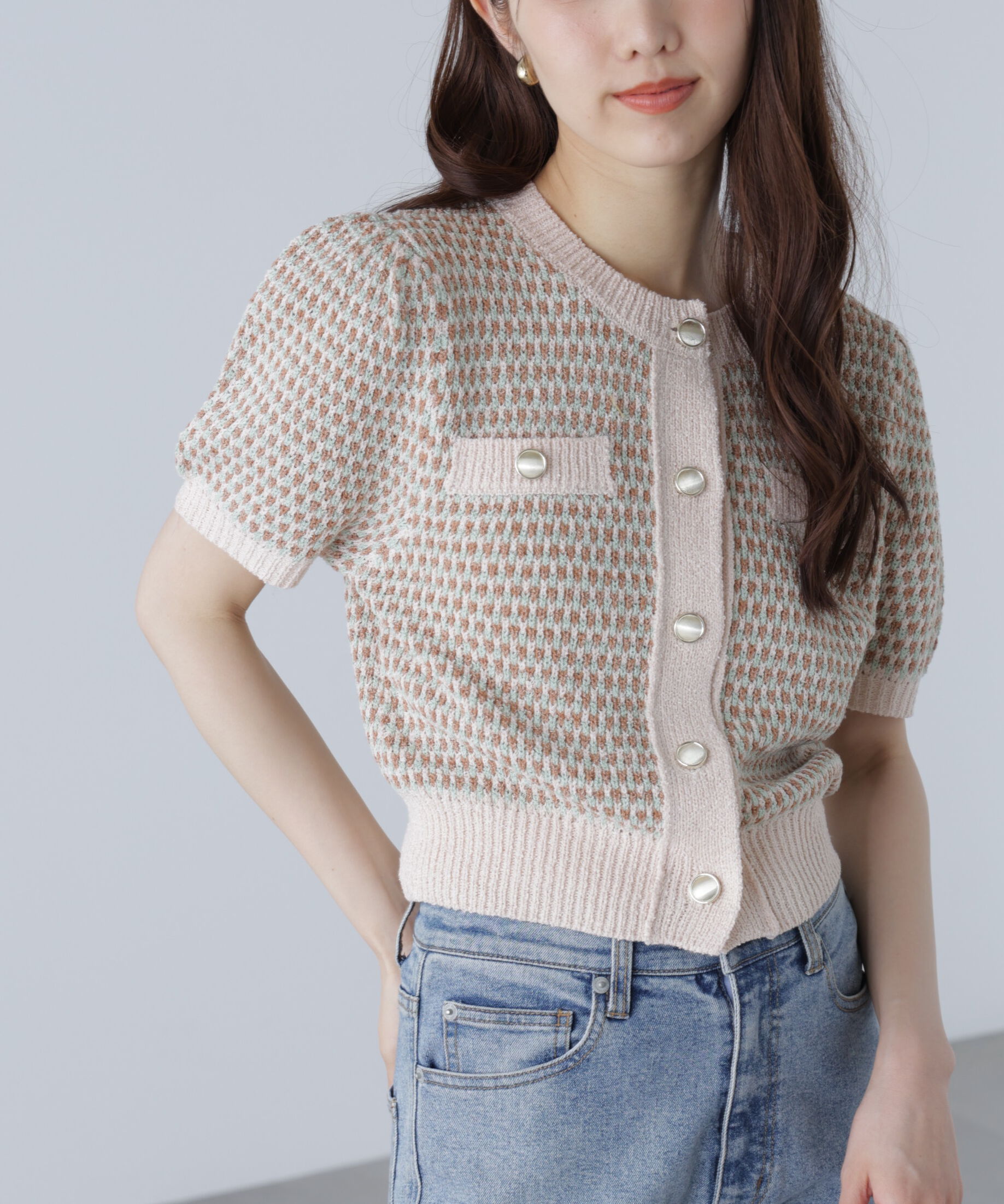  「金ボタンツイード半袖ニットカーディガン」|ニット・セーター|
