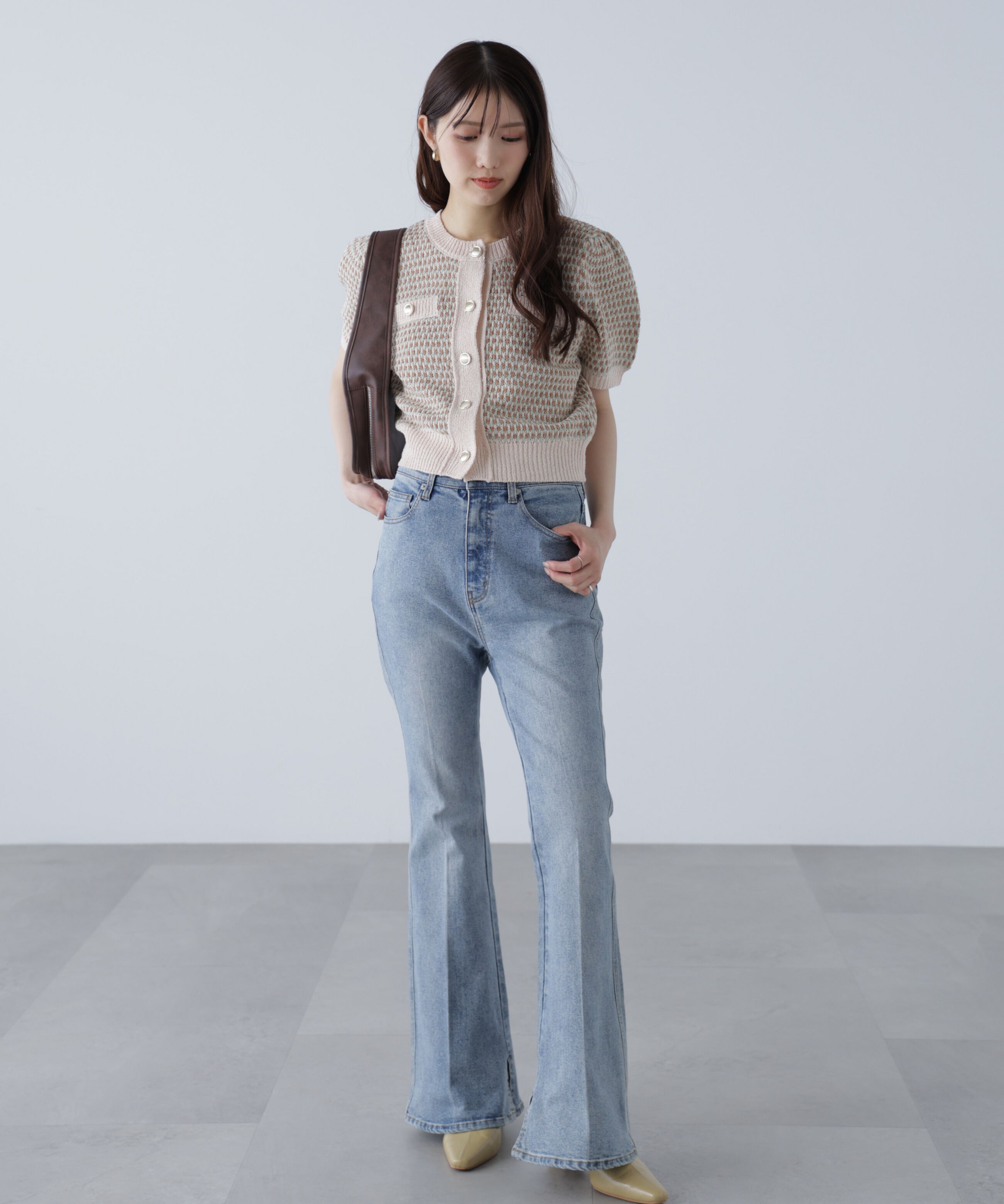  「金ボタンツイード半袖ニットカーディガン」|ニット・セーター|