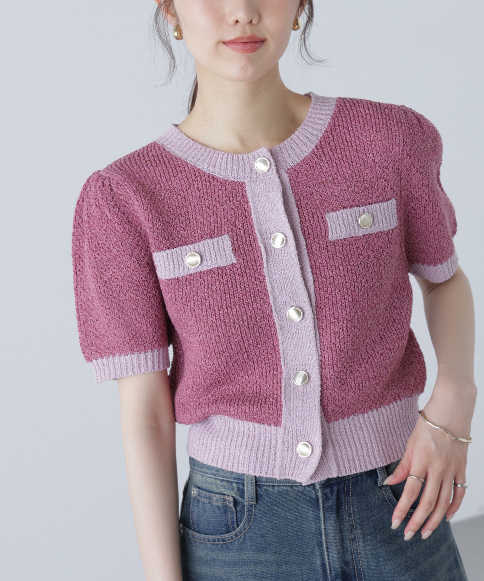  「金ボタンツイード半袖ニットカーディガン」|ニット・セーター|レッド