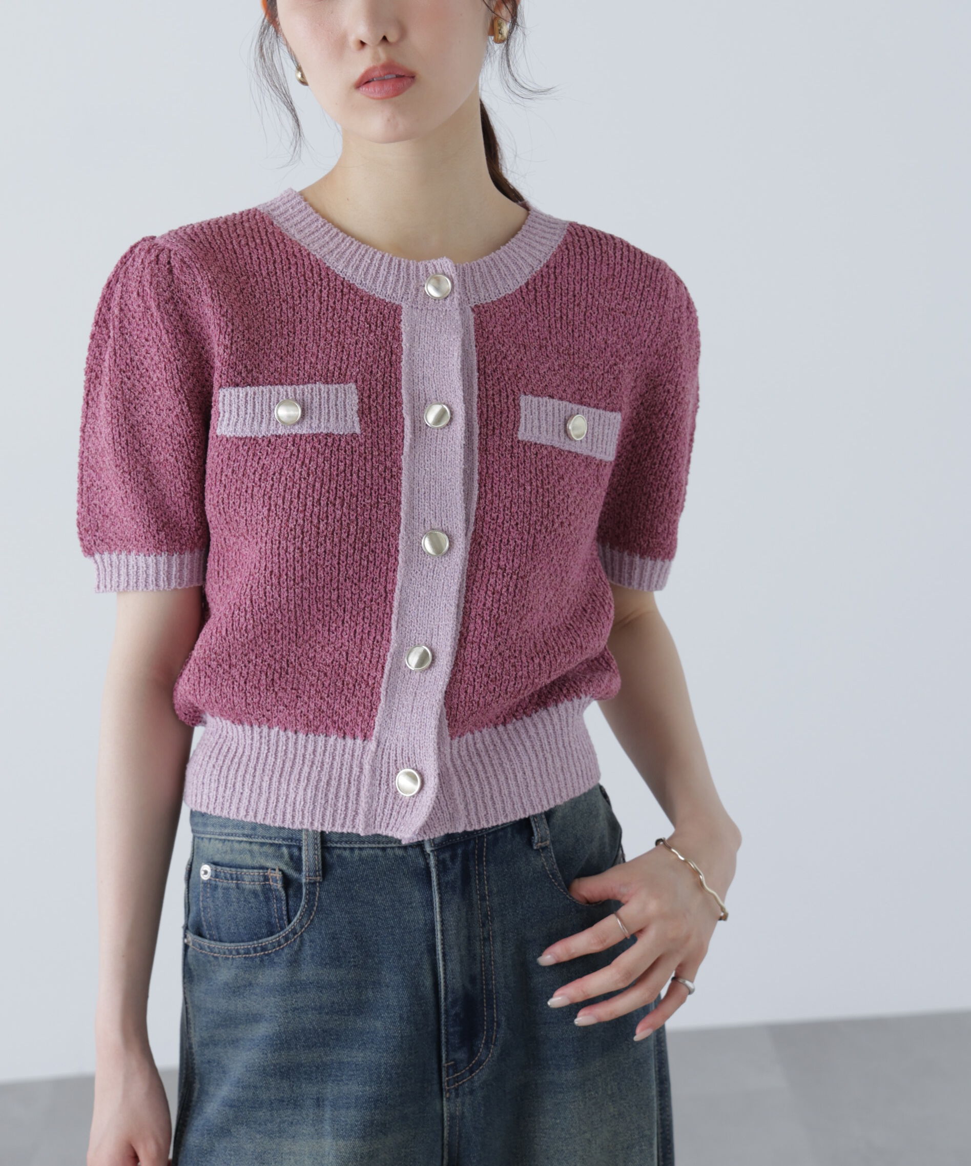  「金ボタンツイード半袖ニットカーディガン」|ニット・セーター|