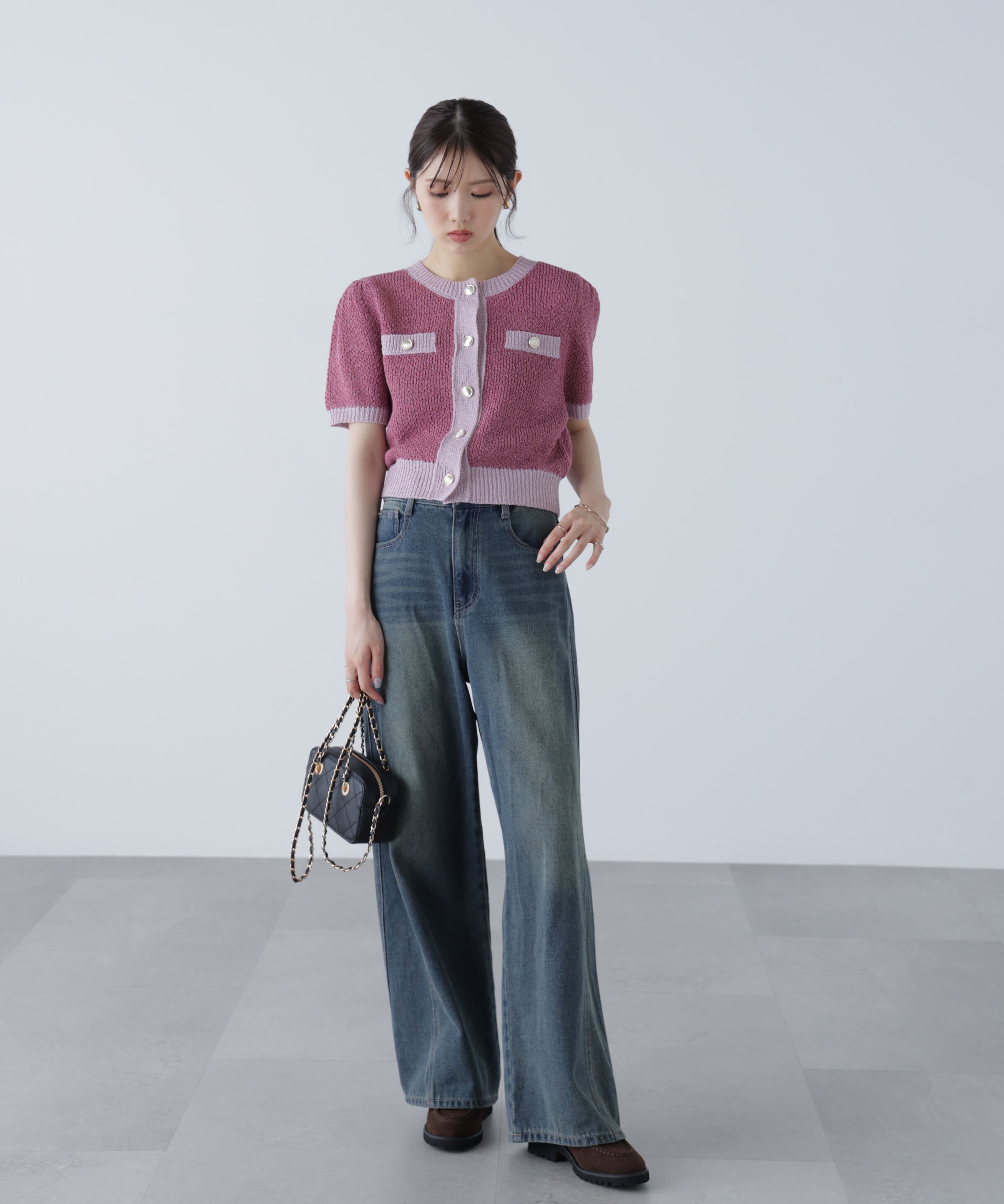  「金ボタンツイード半袖ニットカーディガン」|ニット・セーター|