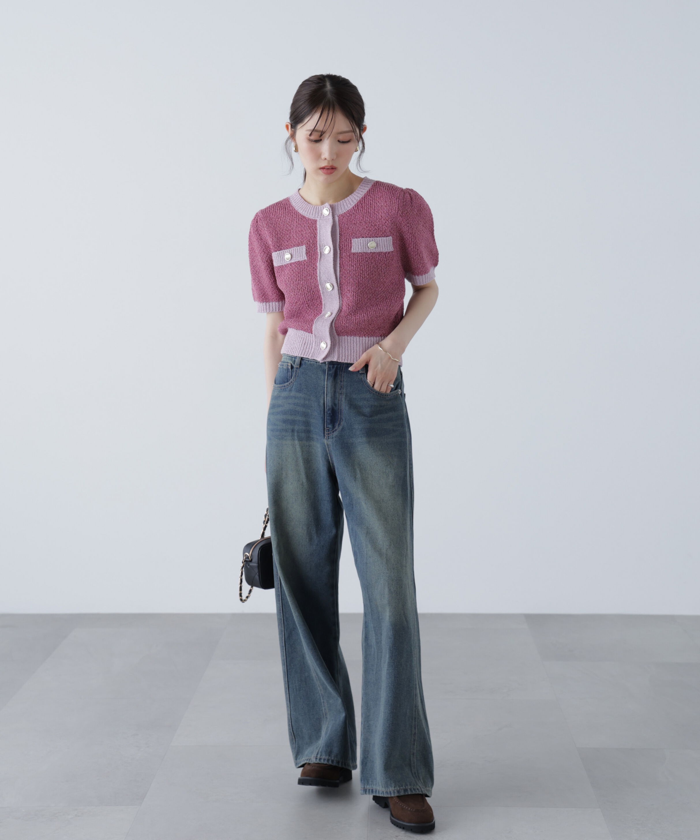  「金ボタンツイード半袖ニットカーディガン」|ニット・セーター|