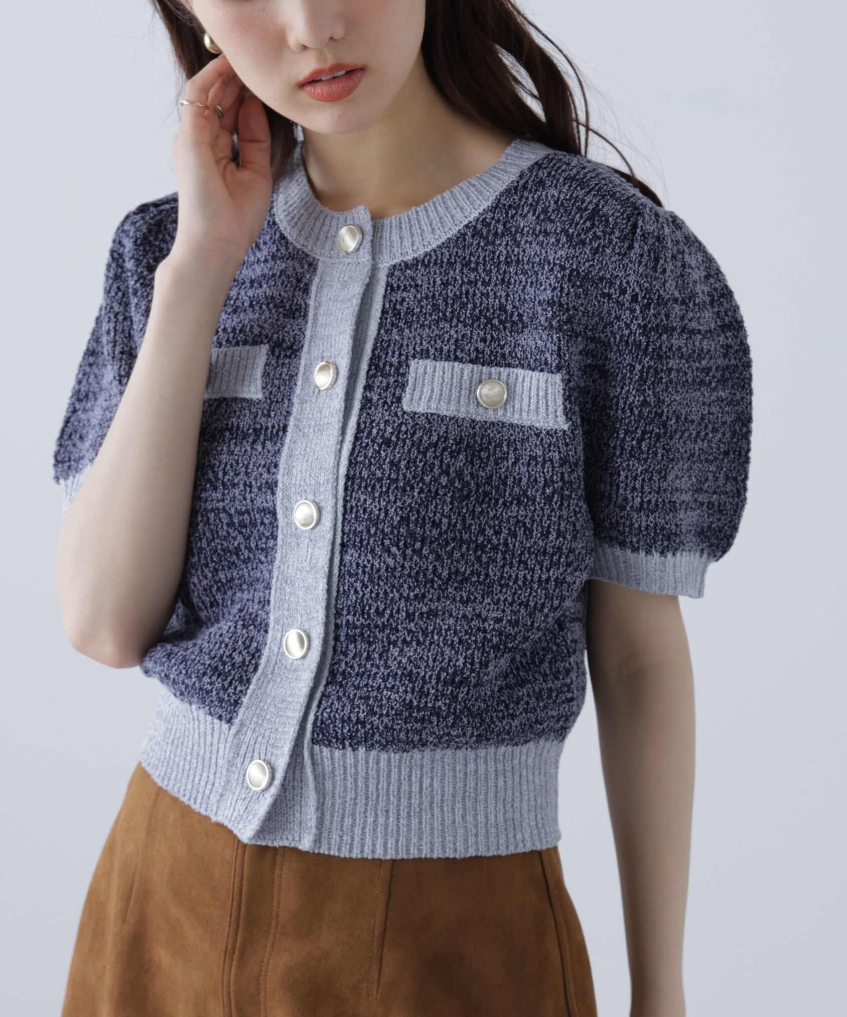  「金ボタンツイード半袖ニットカーディガン」|ニット・セーター|ネイビー