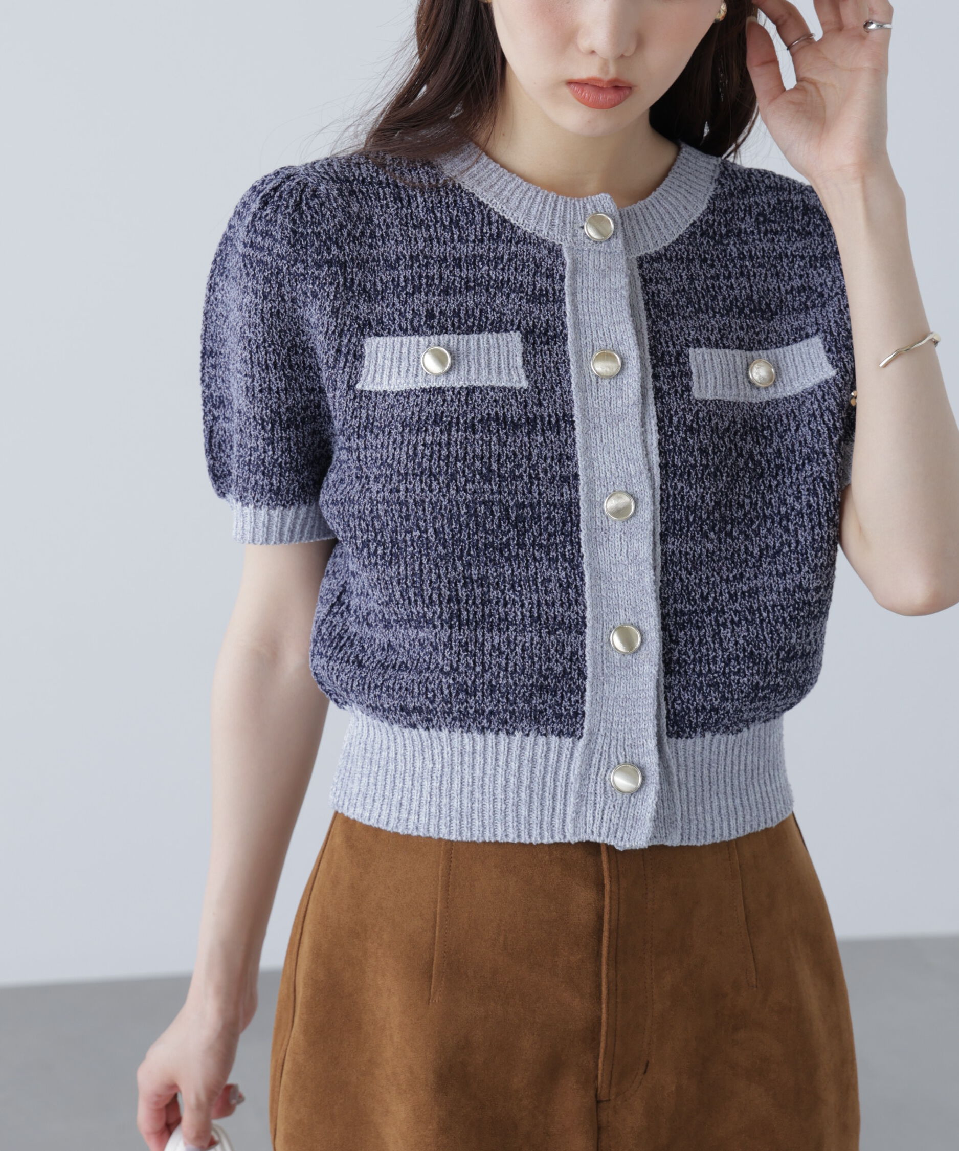  「金ボタンツイード半袖ニットカーディガン」|ニット・セーター|