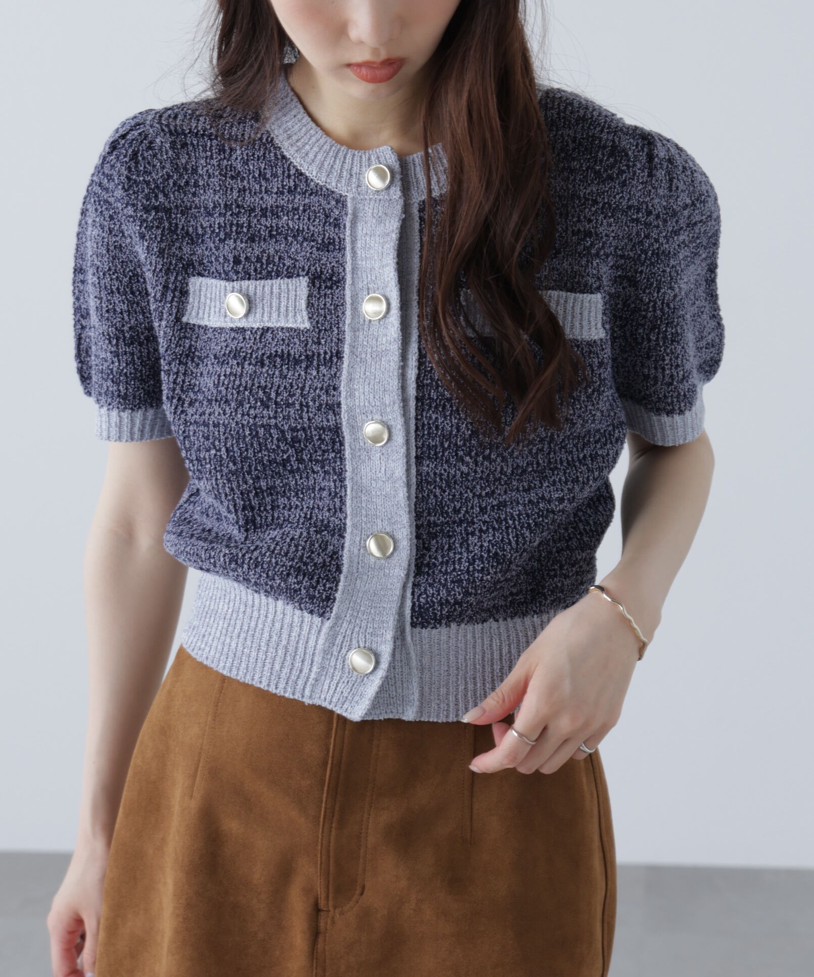  「金ボタンツイード半袖ニットカーディガン」|ニット・セーター|
