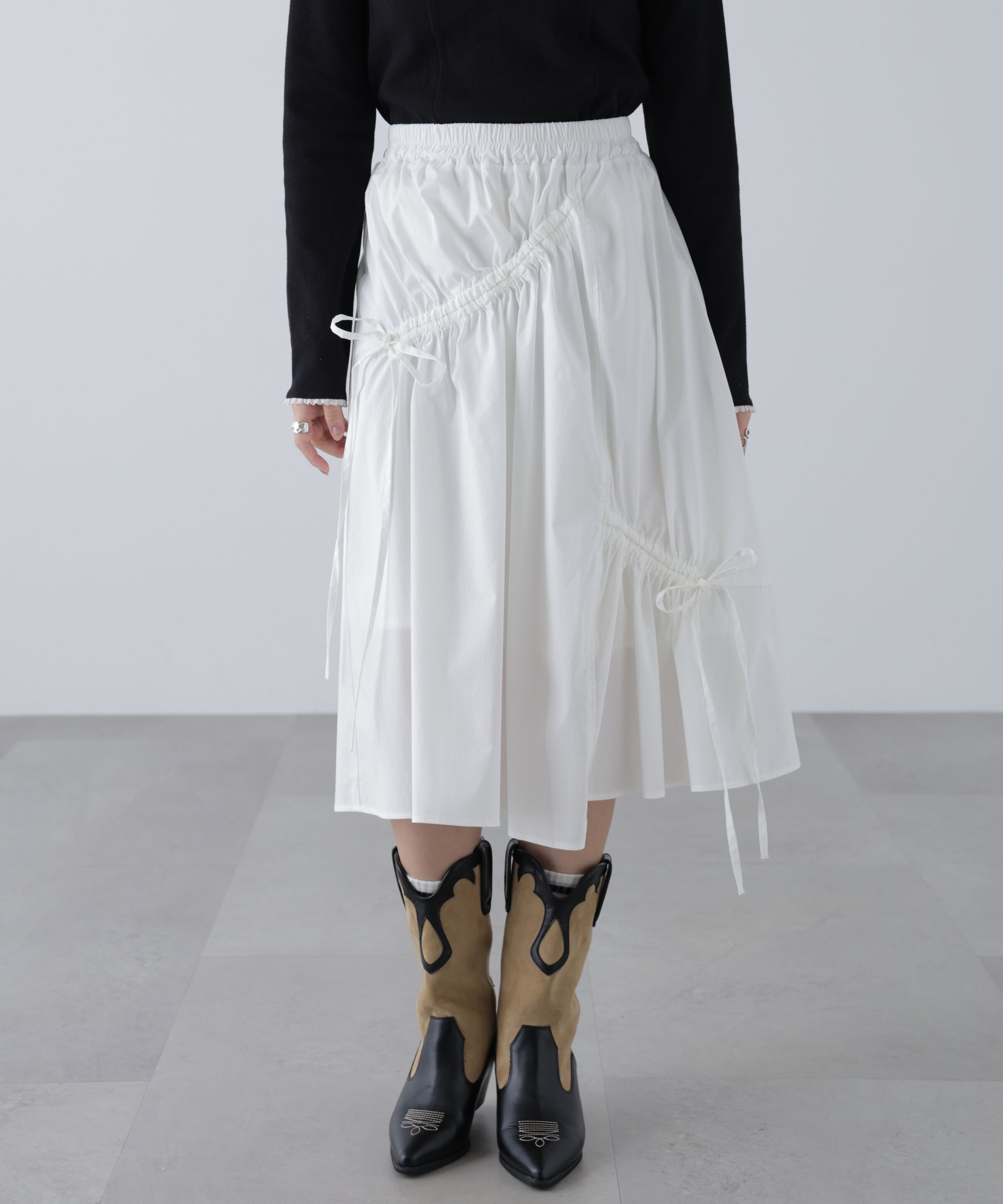  「アシメドロストリボンミディスカート」|スカート|