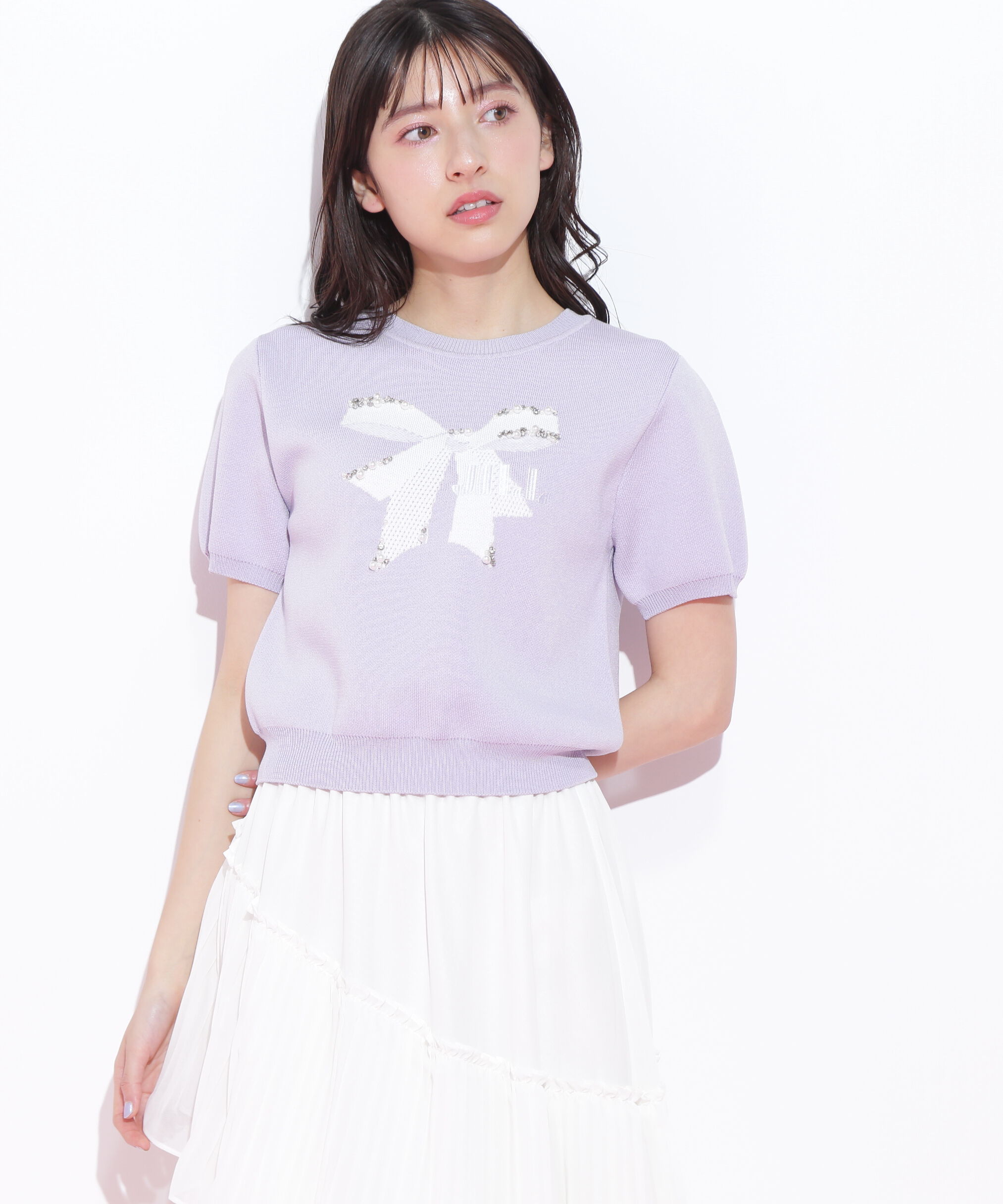  「リボンジャガードビジューニットトップス」|ニット・セーター|