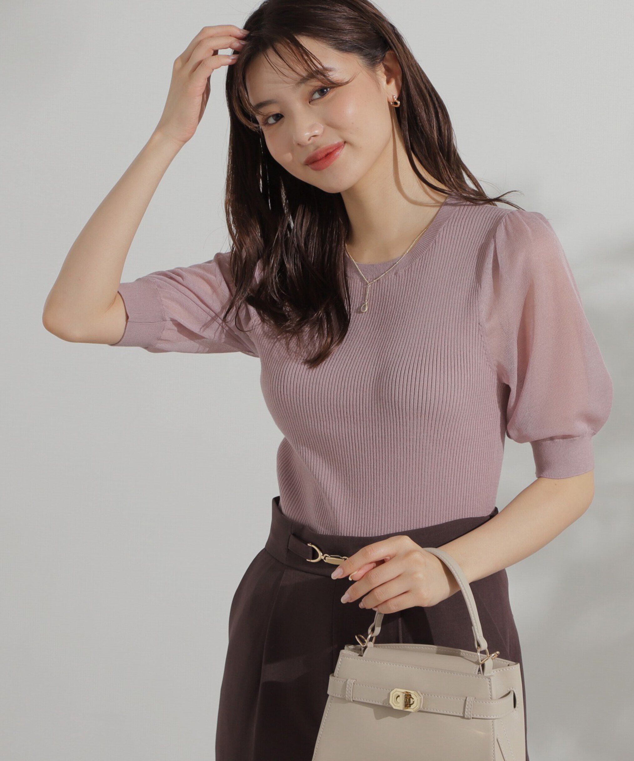 PROPORTION BODY DRESSING「チャーム付きシアー半袖ニット」|ニット・セーター|ピンク