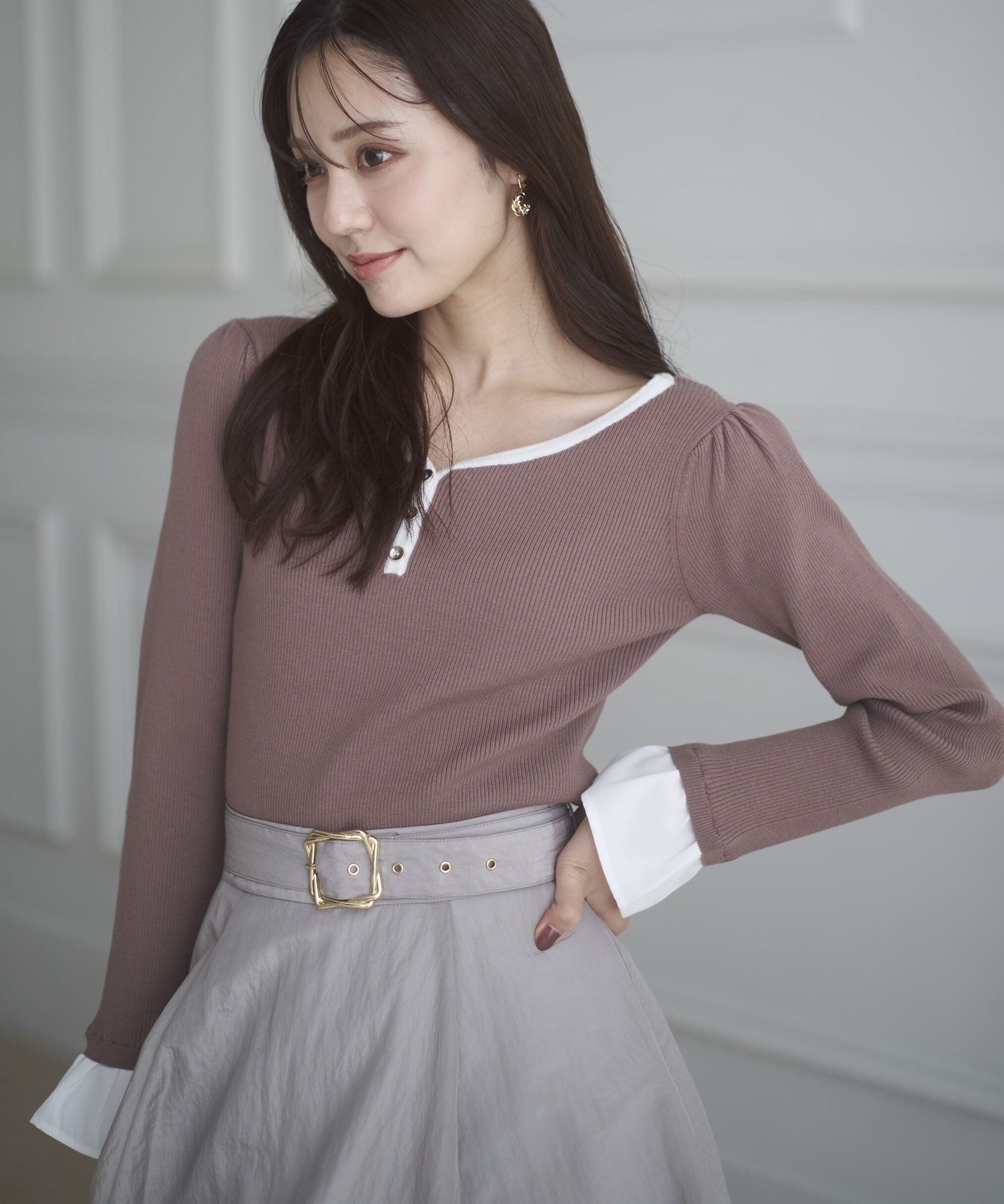 PROPORTION BODY DRESSING「異素材スリーブニット 25AW」|ニット・セーター|モカ&times;ホワイ  1