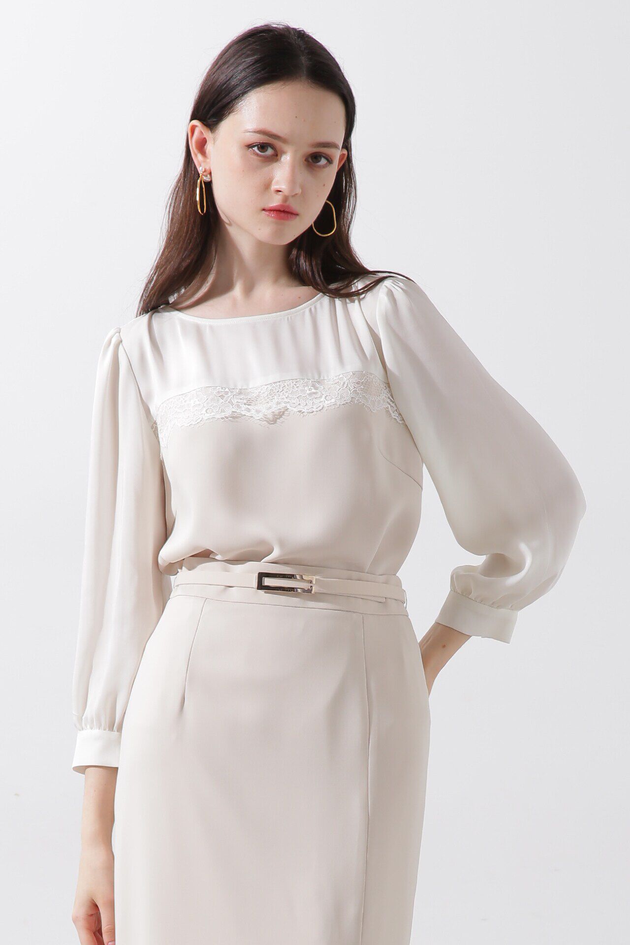  「◆バイカラーレースコンビブラウス」|シャツ・ブラウス|ベージュ