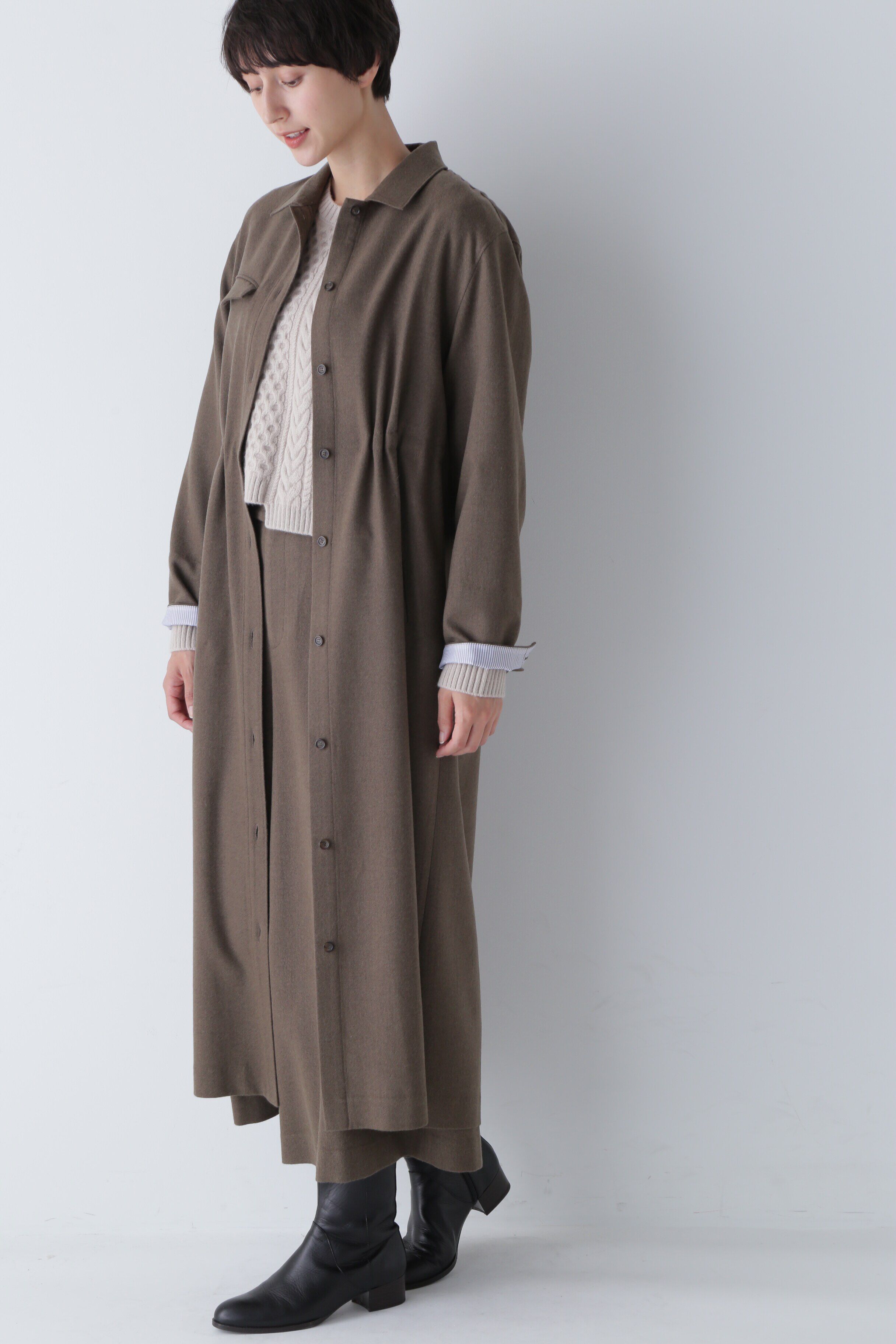  「◆セミ梳毛ツイルワンピース」|ワンピース|カーキ