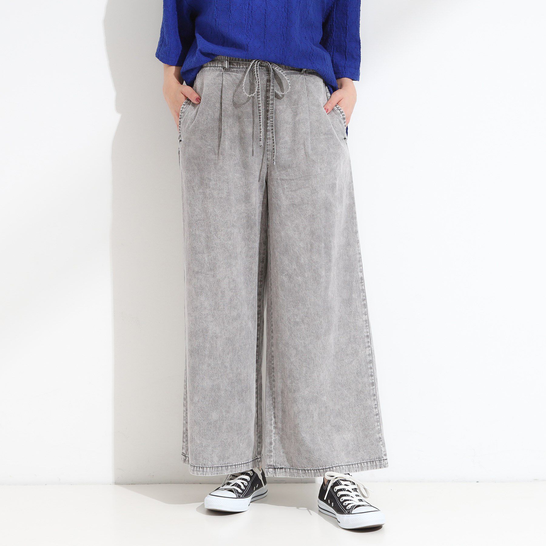 SHOO･LA･RUE「【セットアップ可/S-LL】リボン付き イージーワイドデニムパンツ」|デニム|ブラック(019)