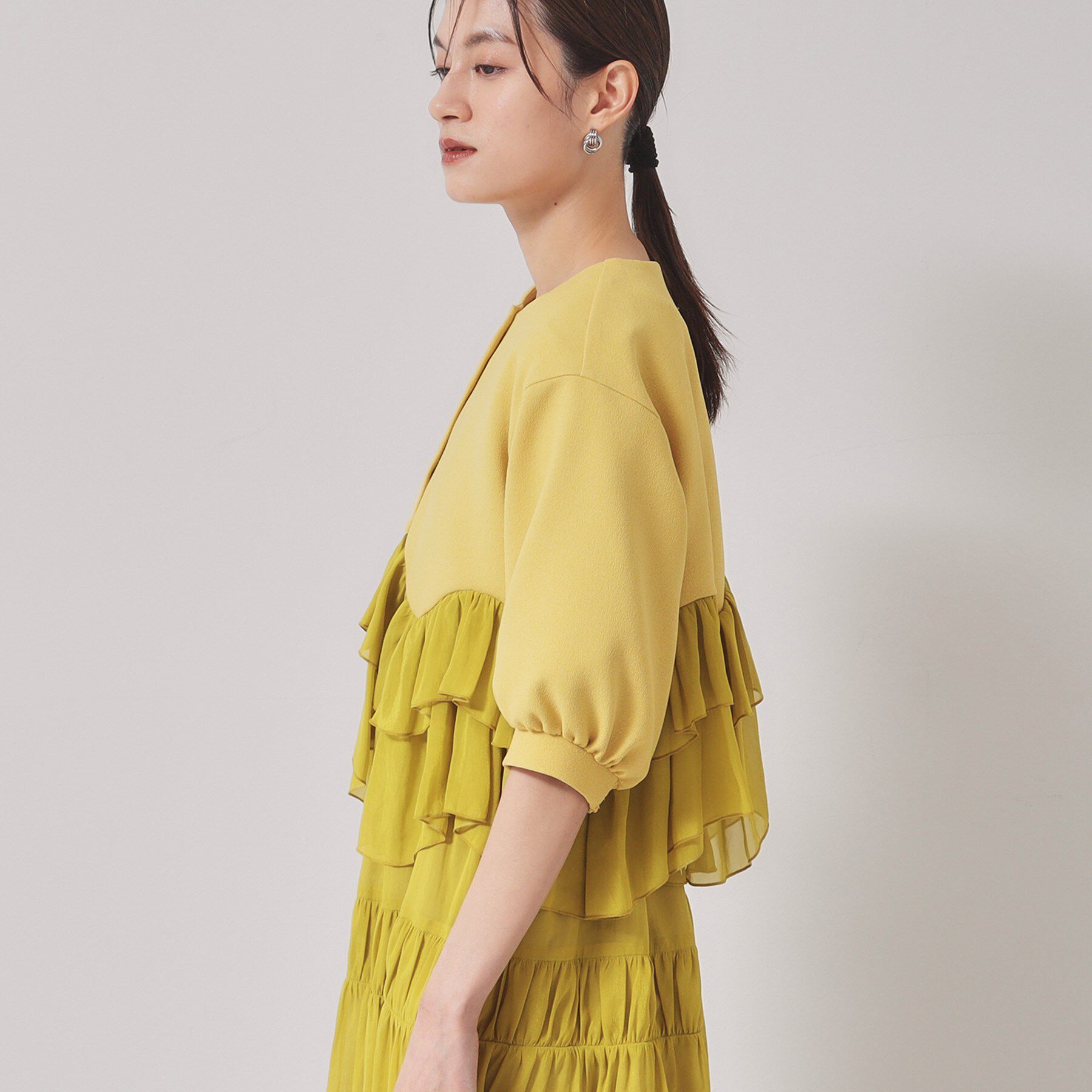 SunaUna「【裾シフォン／パフスリーブ】ペプラムブルゾン」|カーディガン|