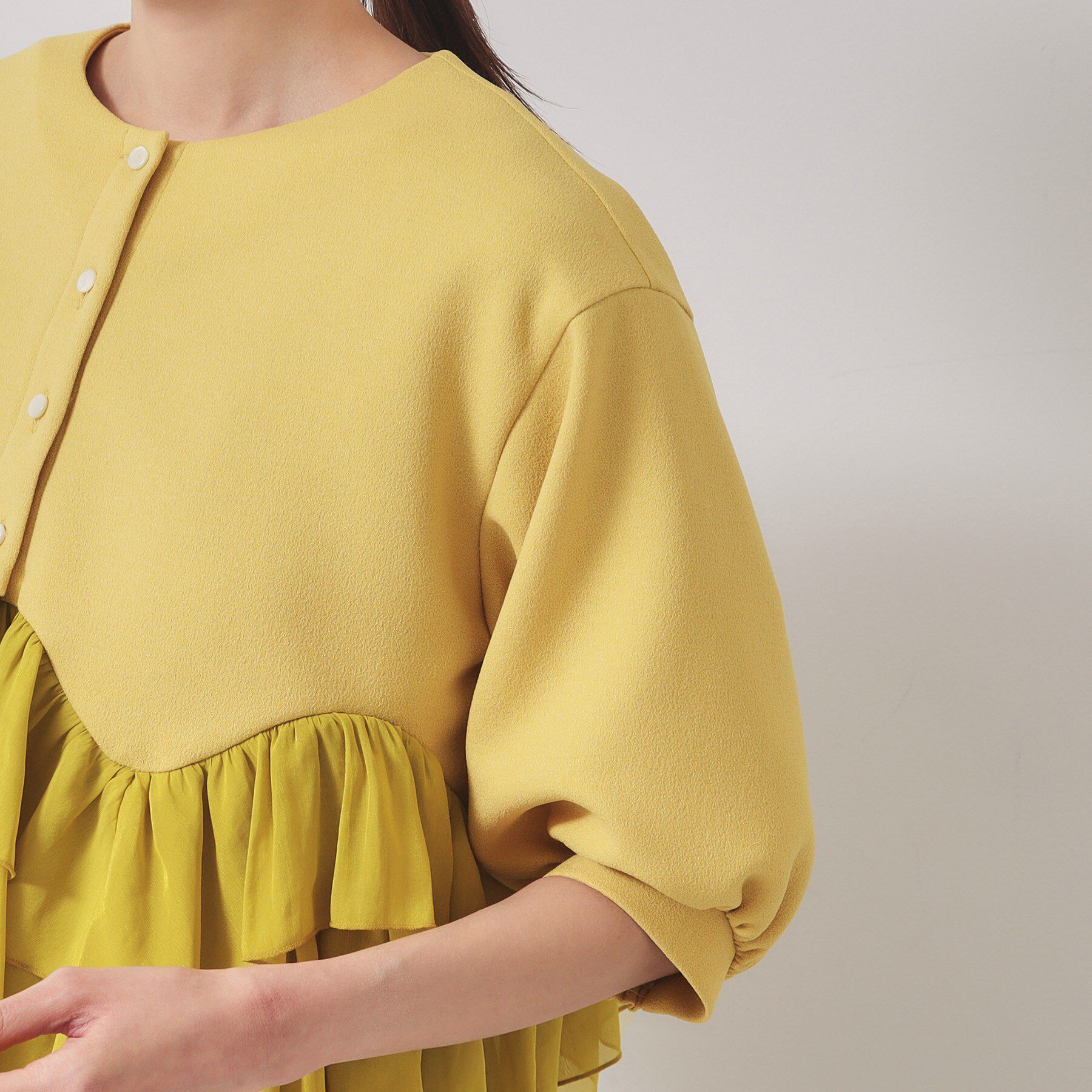 SunaUna「【裾シフォン／パフスリーブ】ペプラムブルゾン」|カーディガン|