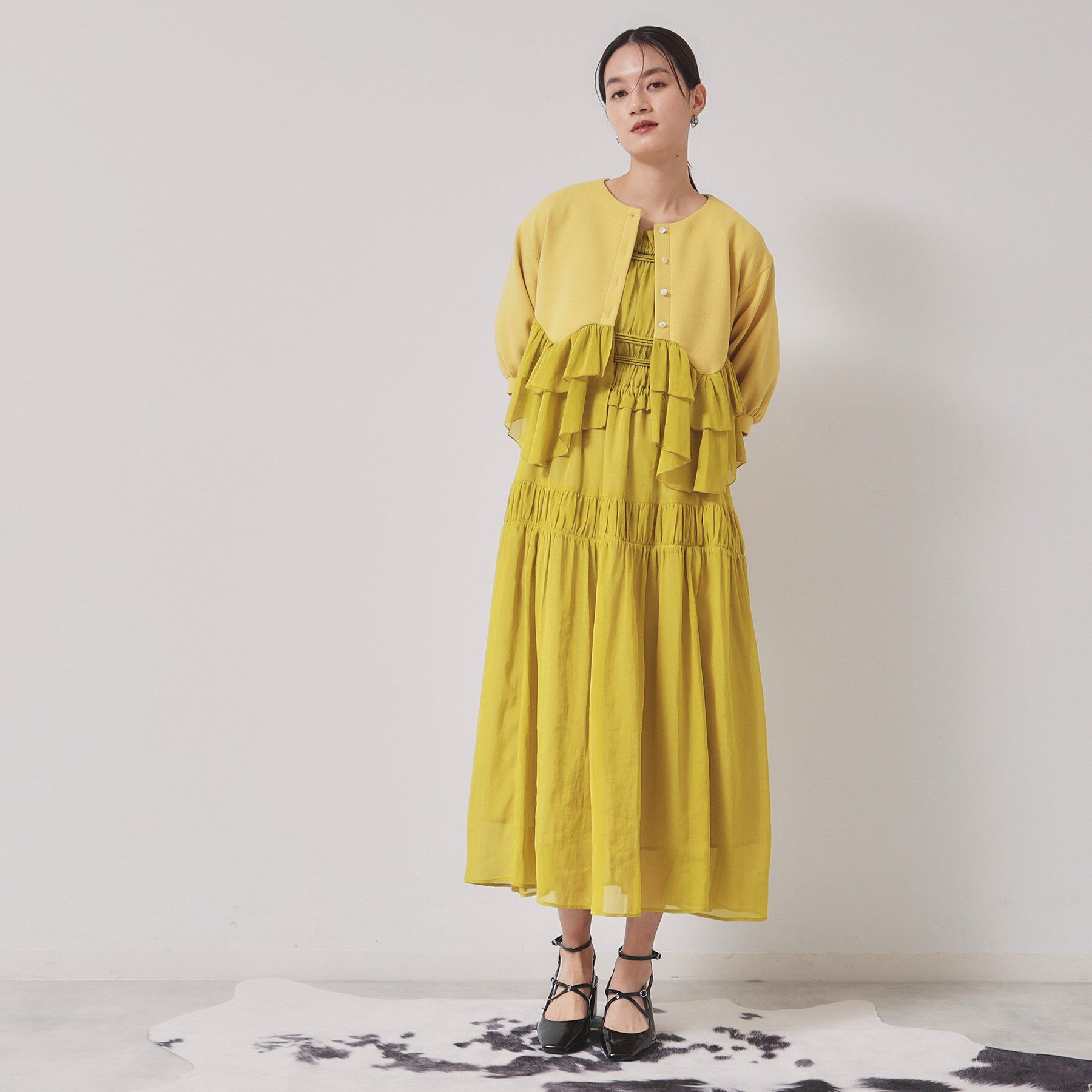 SunaUna「【裾シフォン／パフスリーブ】ペプラムブルゾン」|カーディガン|