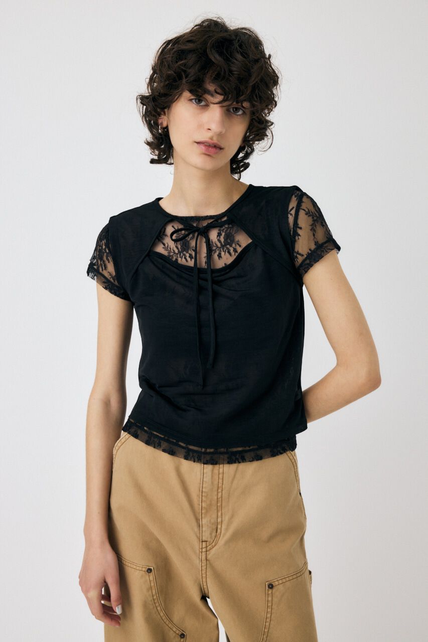 MOUSSY「LACE LAYERED OPEN NECK トップス」|Tシャツ・カットソー|BLK