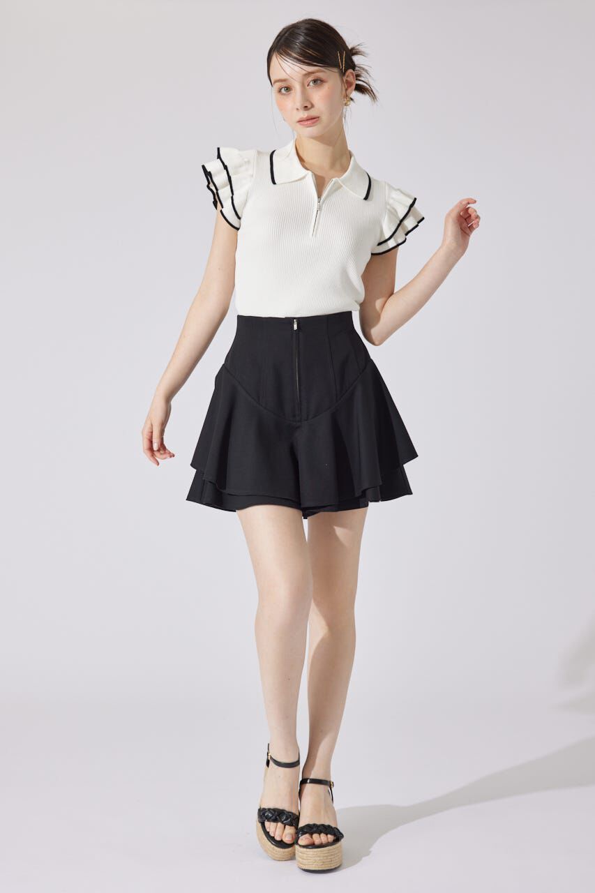 rienda「ハーフジップフリルショルダーニットトップス」|ニット・セーター|