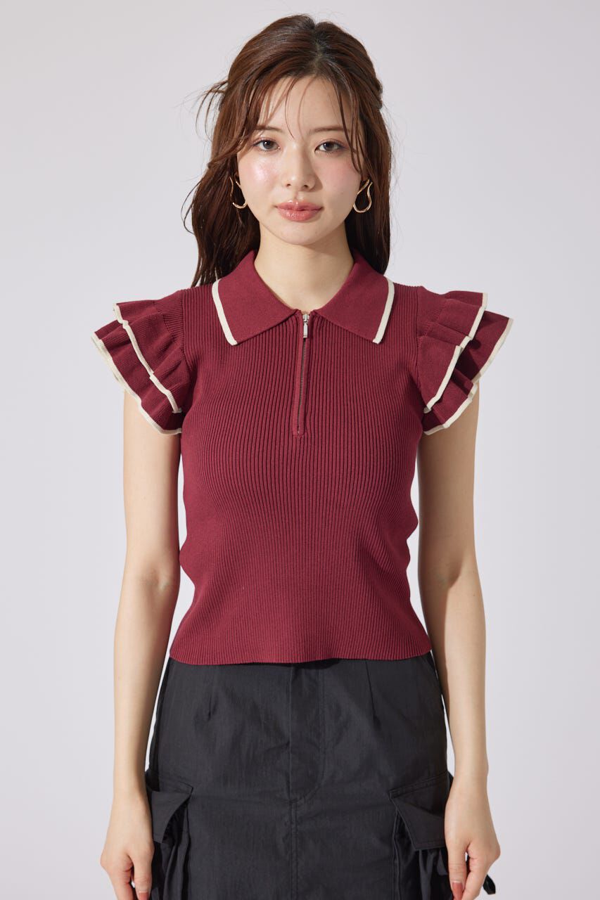 rienda「ハーフジップフリルショルダーニットトップス」|ニット・セーター|