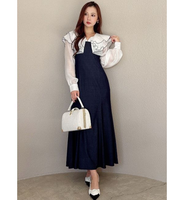 MERCURYDUO「ボリュームラッフル配色ドッキングワンピース」|ワンピース|