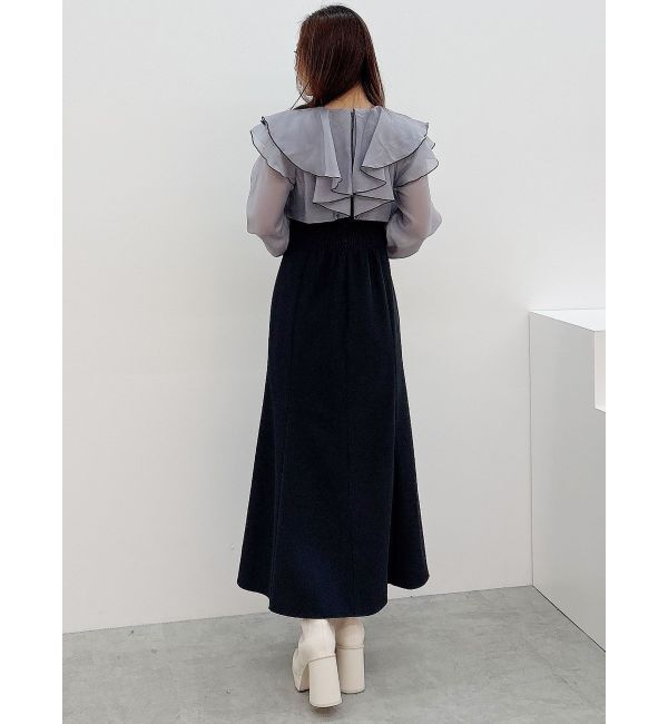 MERCURYDUO「ボリュームラッフル配色ドッキングワンピース」|ワンピース|