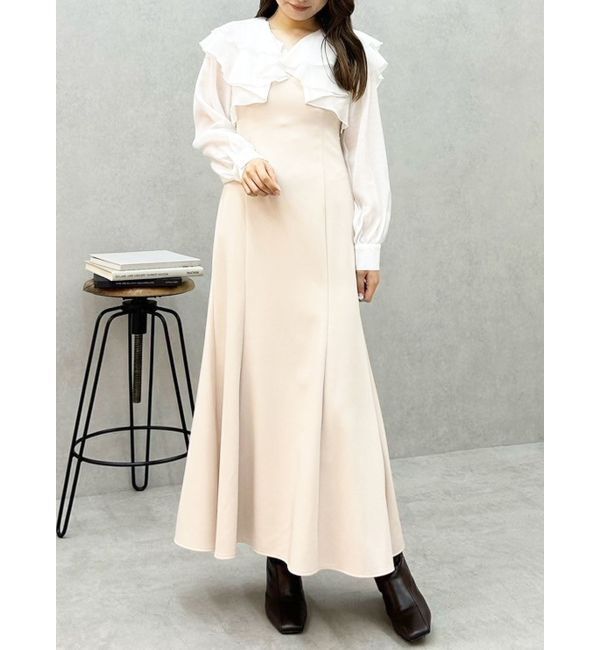 MERCURYDUO「ボリュームラッフル配色ドッキングワンピース」|ワンピース|ベージュ