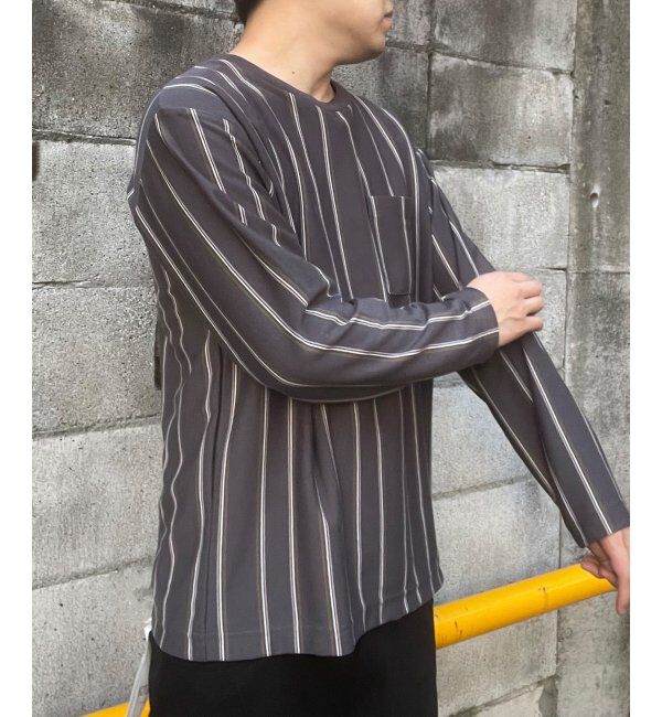 ikka「ストライプクルーネックロンＴ」|Tシャツ・カットソー|チャコール