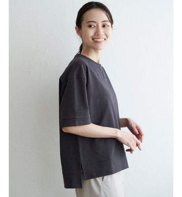 ikka「ミニ裏毛スウェットライク半袖Tシャツ」|Tシャツ・カットソー|チャコール